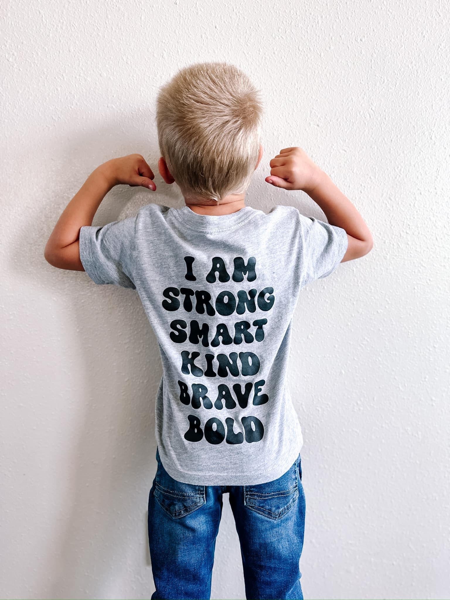 Big Yellow Checker Smiley - I am Strong Smart Kind Brave Bold (f &amp;amp; b) - Child Tee