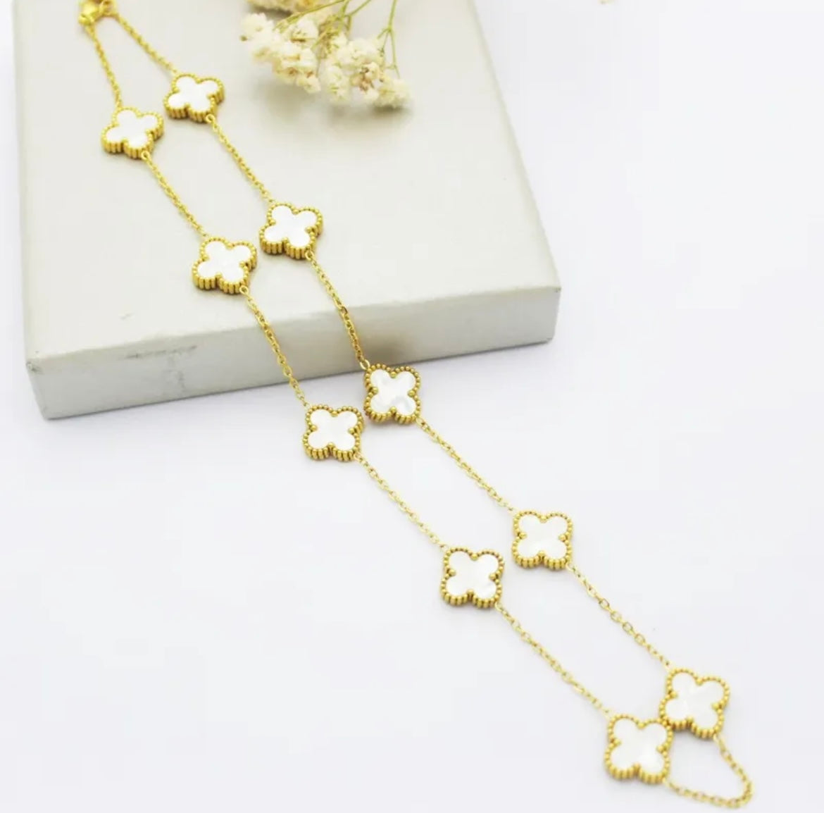 Long Pearl Shell Clover Necklace - Love. Luck. Hope &amp;amp; Faith