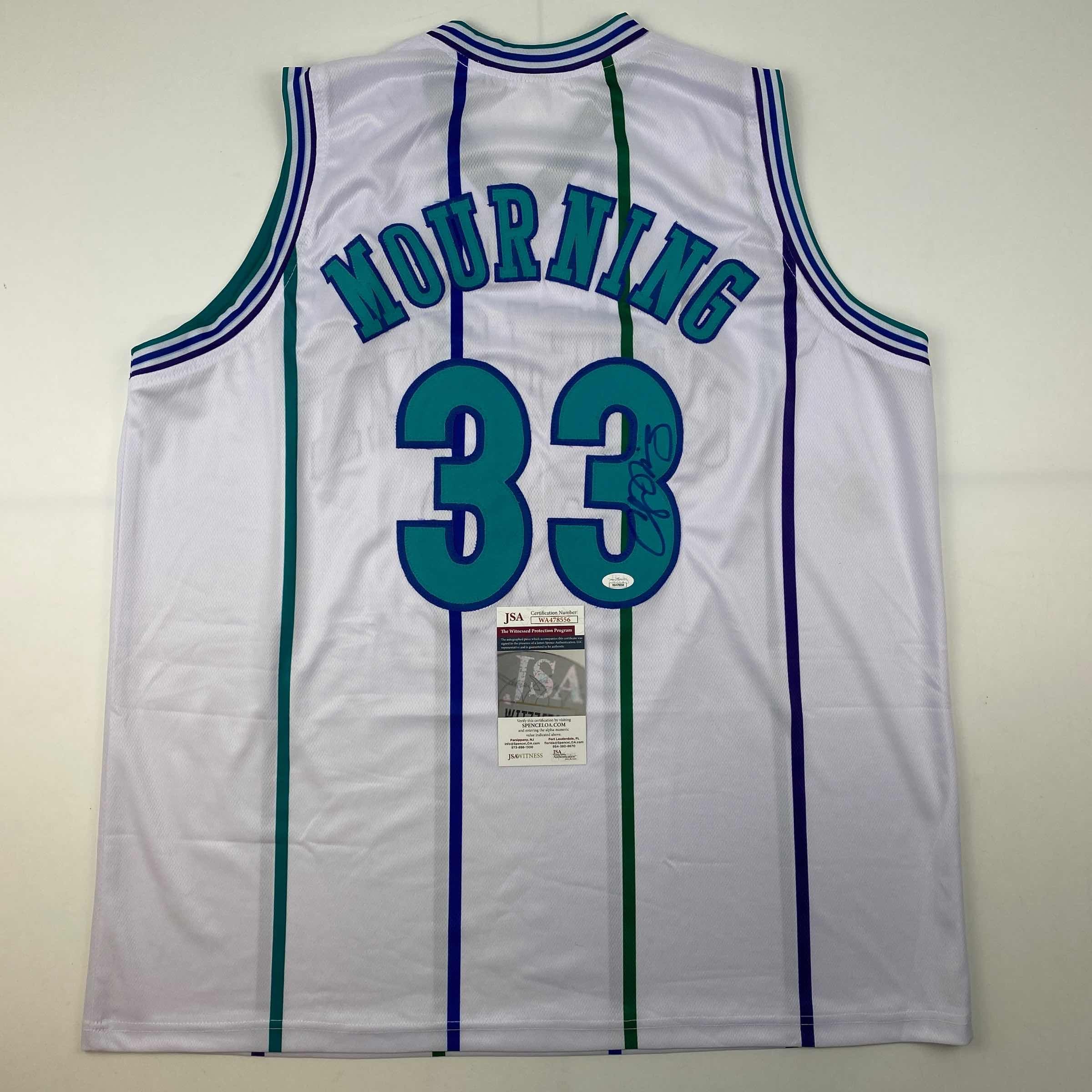 Autographed/Signed Alonzo Mourning Charlotte White Basketball Jersey JSA COA