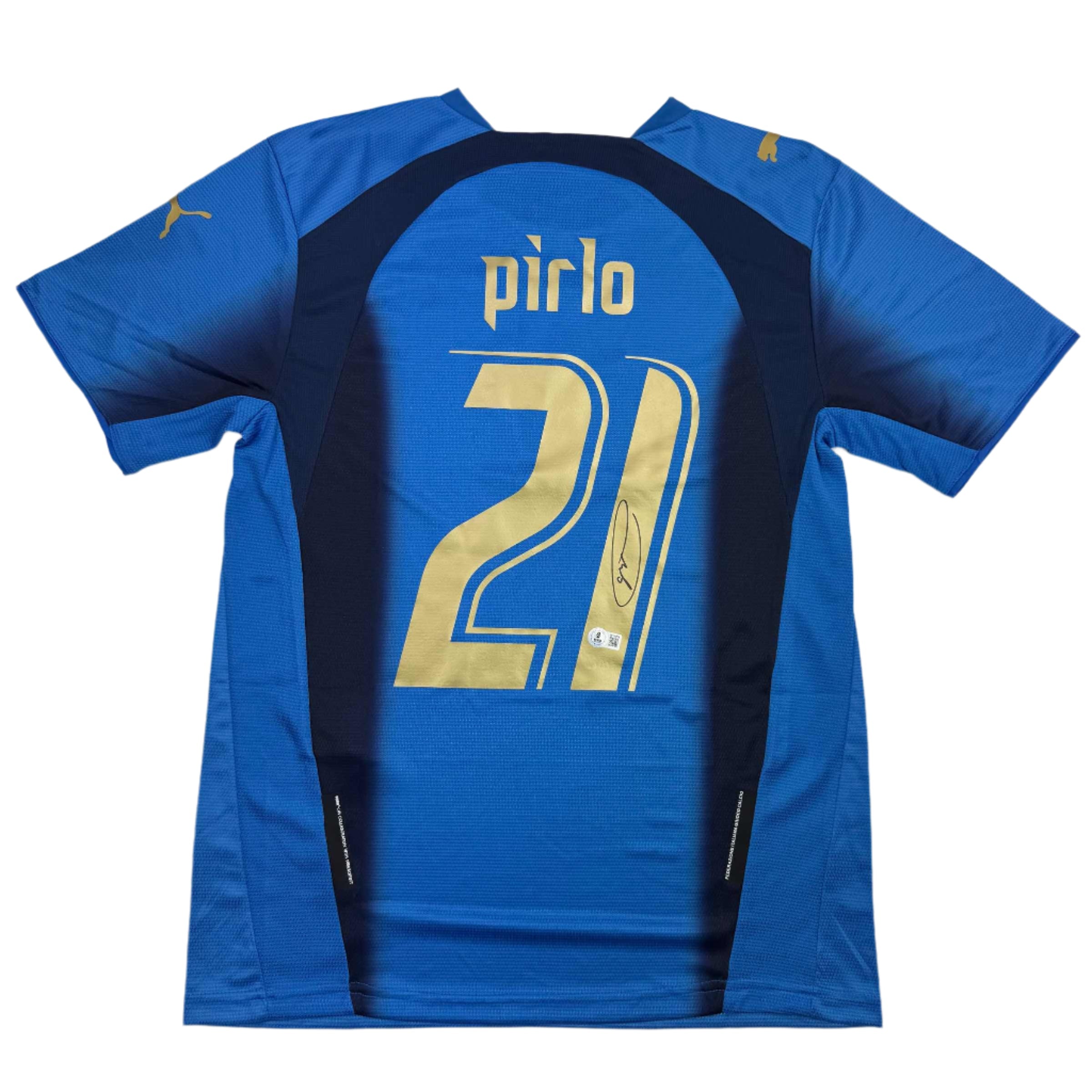 Autographed/Signed Andrea Pirlo Italy Blue Soccer Futbol Jersey Beckett BAS COA