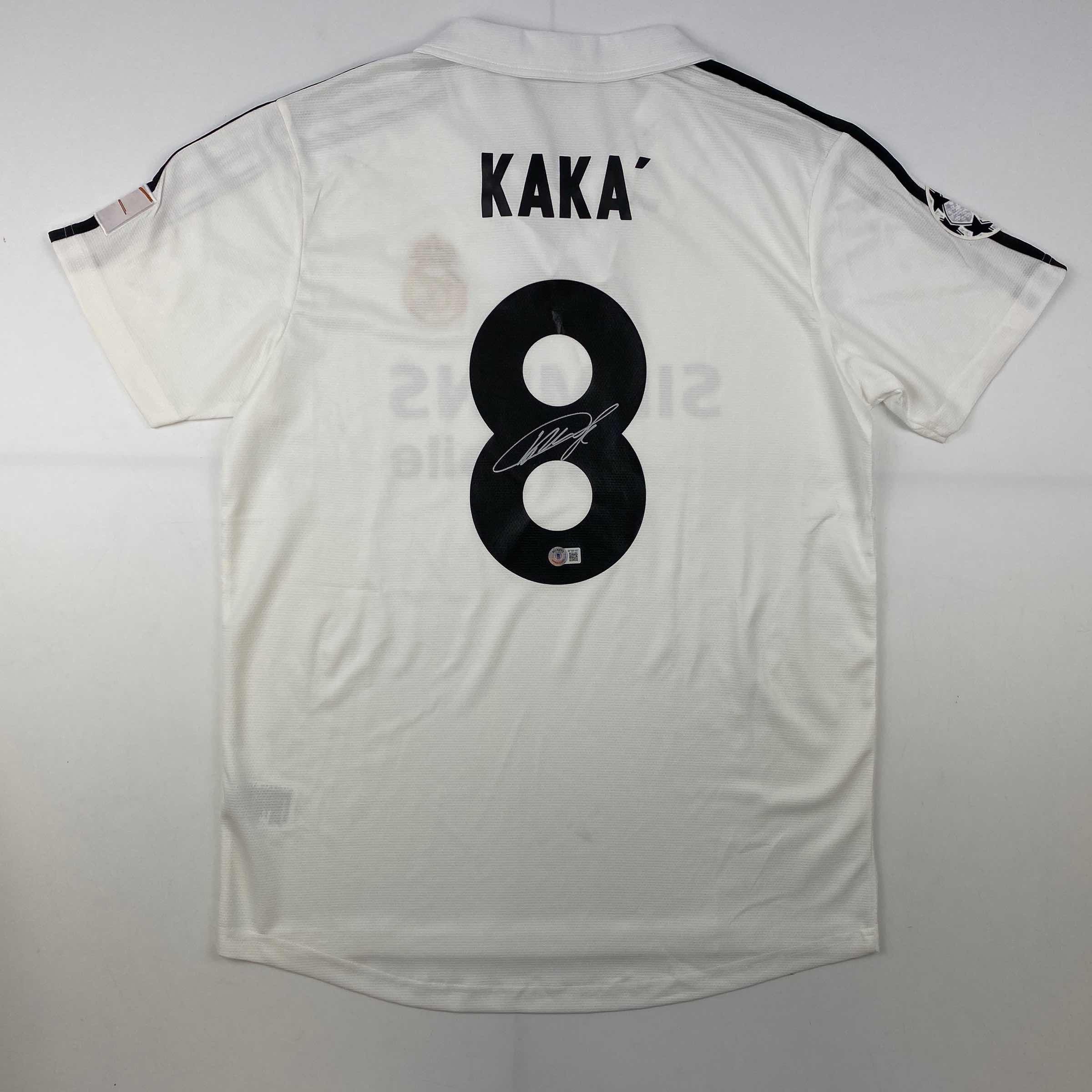 Autographed/Signed Ricardo Kaka Real Madrid White Soccer Futbol Jersey Beckett BAS COA