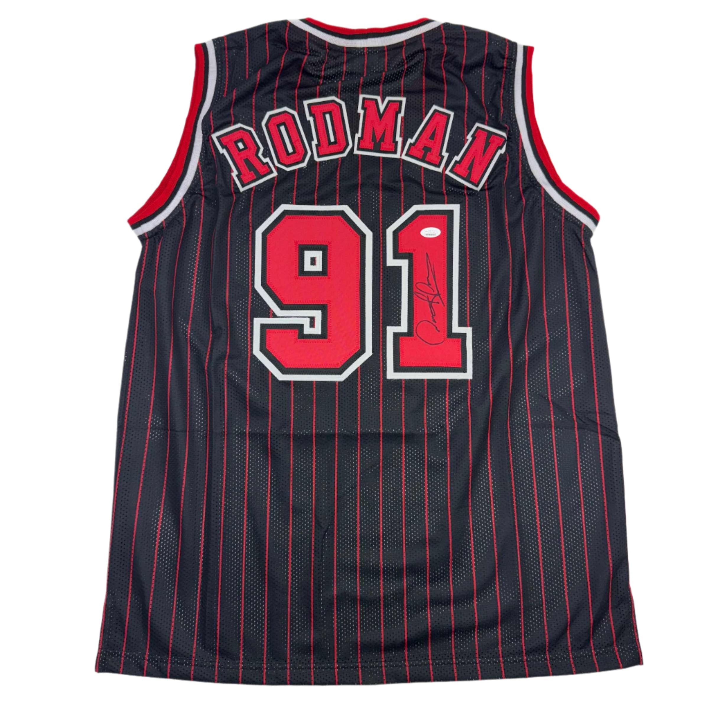 Autographed/Signed Dennis Rodman Chicago Pinstripe Basketball Jersey Beckett BAS COA