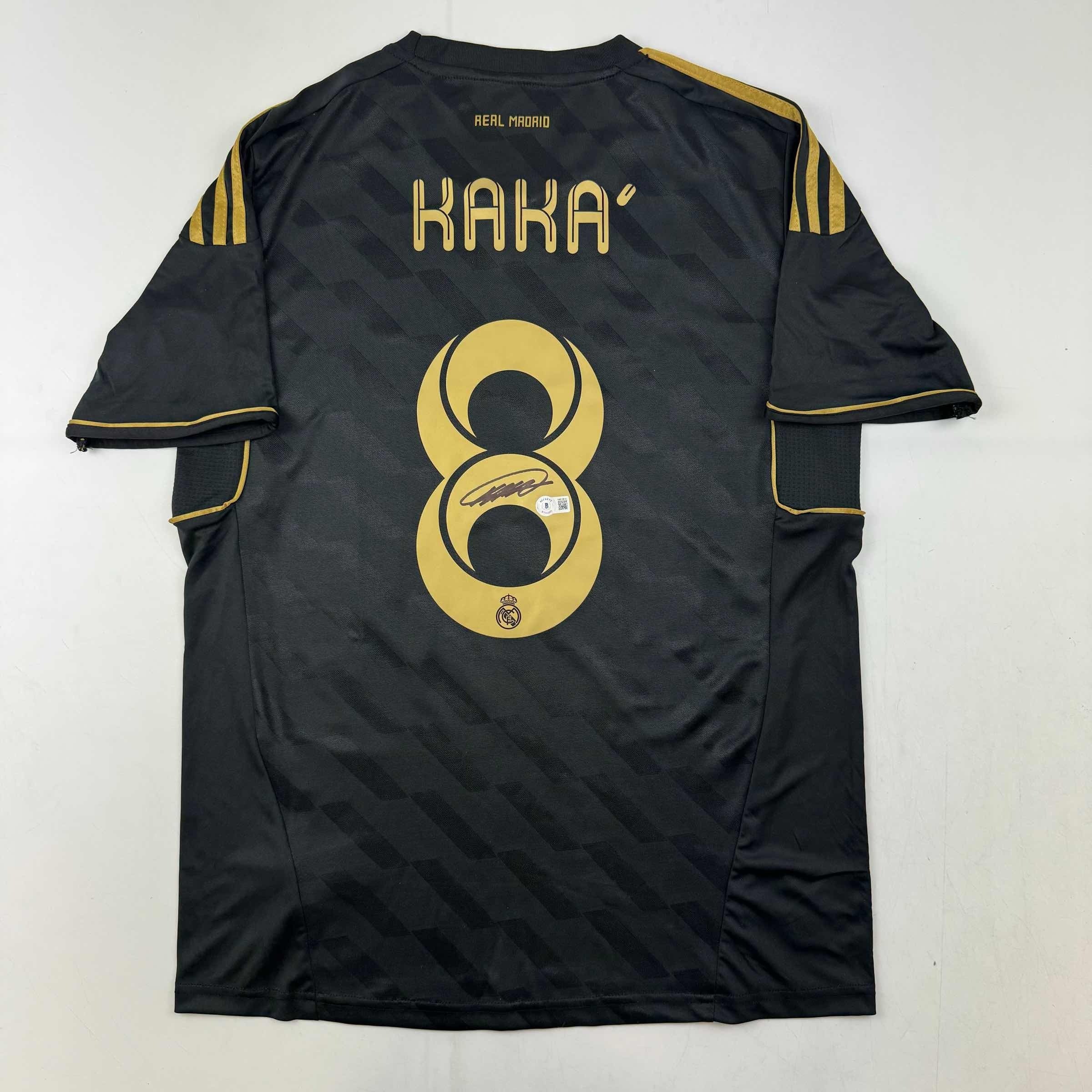 Autographed/Signed Ricardo Kaka Real Madrid Black Retro Soccer Futbol Jersey Beckett BAS COA