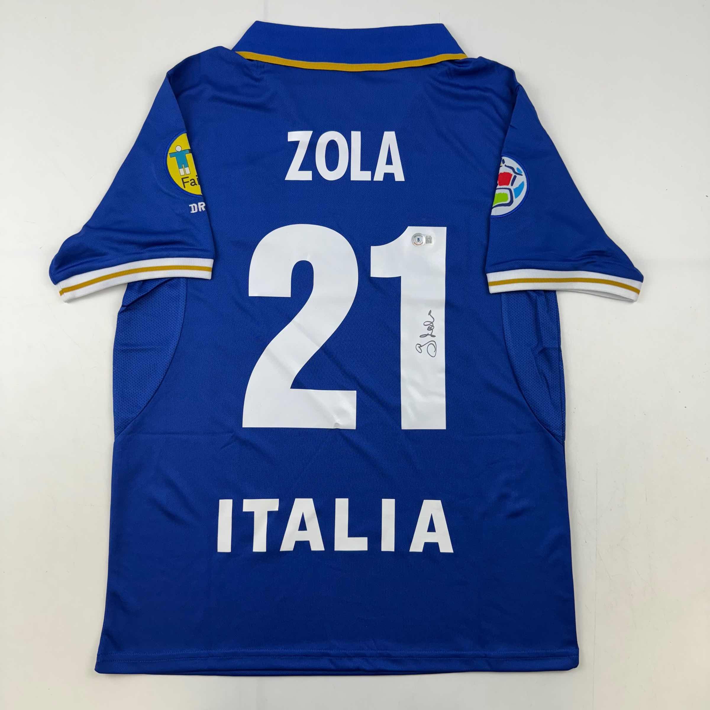 Autographed/Signed Gianfranco Zola Italy Blue Soccer Futbol Jersey Beckett BAS COA