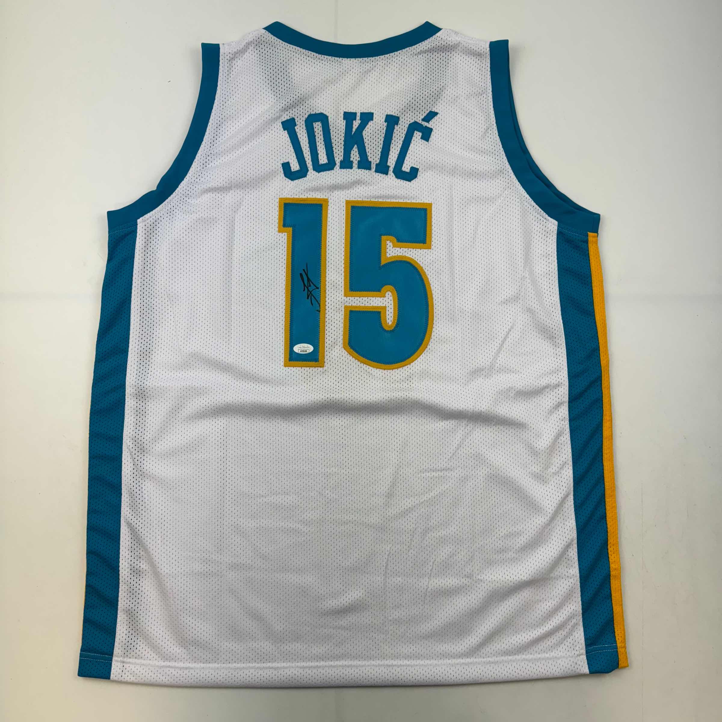 Autographed/Signed Nikola Jokic Denver White Retro Throwback Basketball Jersey JSA COA