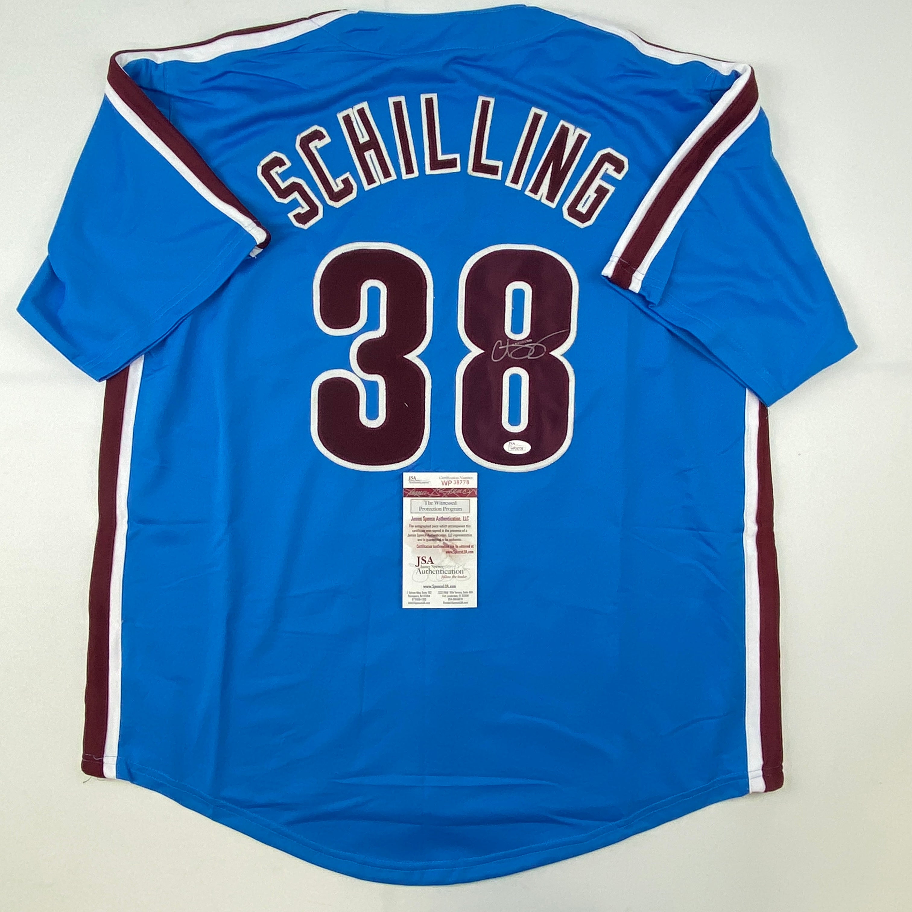 Autographed/Signed Curt Schilling Philadelphia Retro Blue Baseball Jersey JSA COA