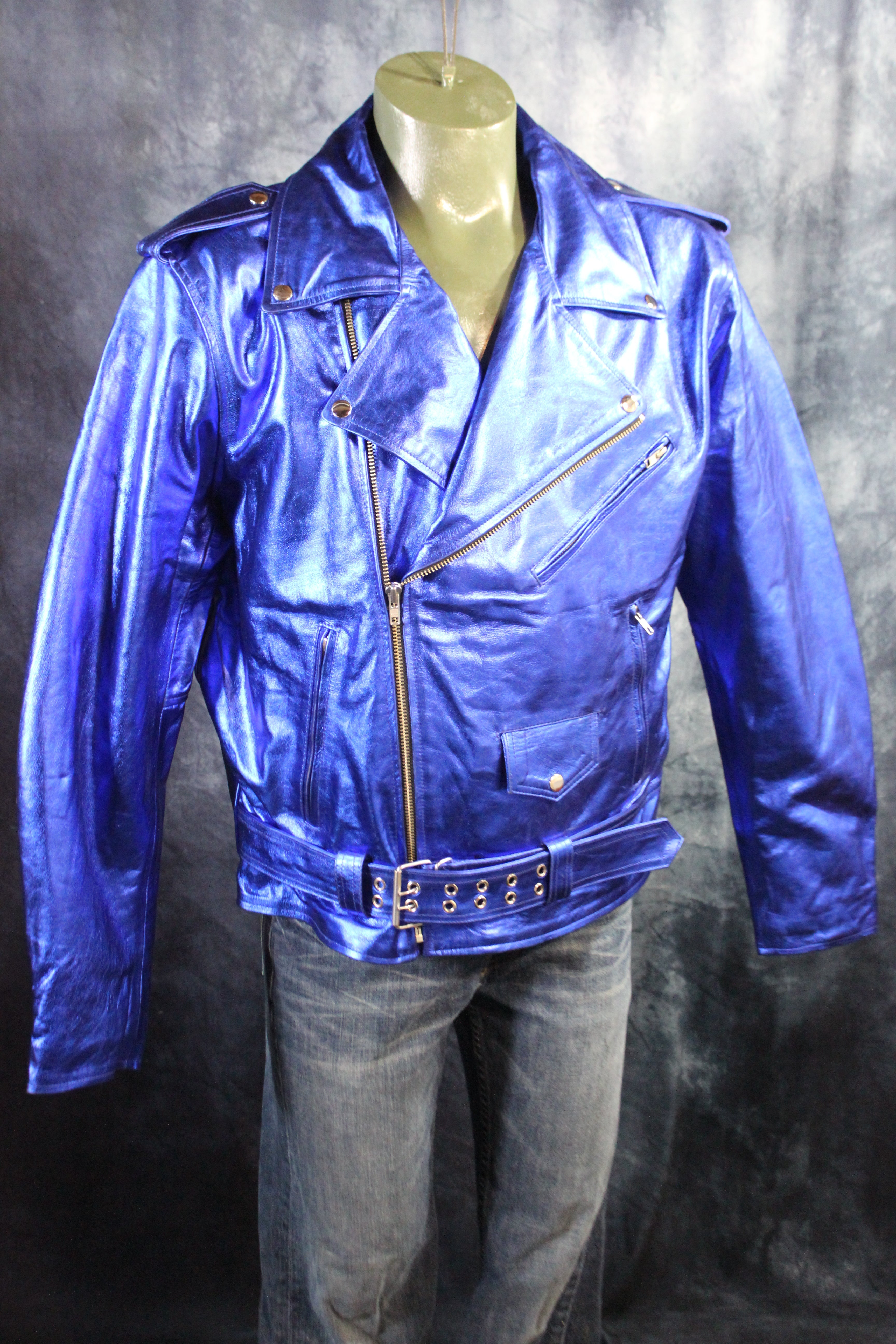 Otter and Fox Leather Biker Jackets in Blue Metallic