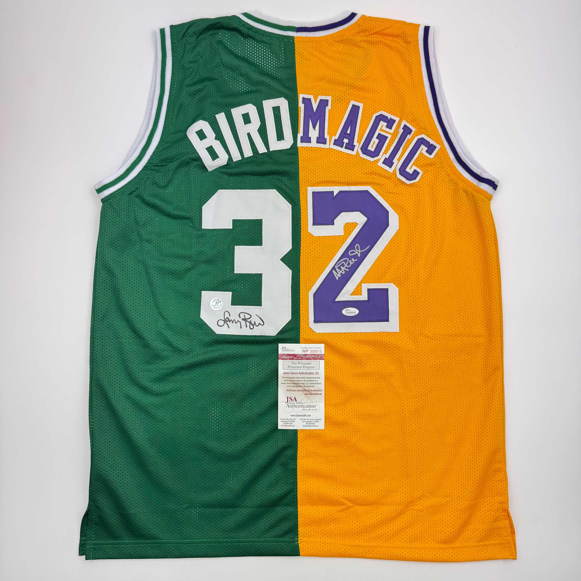 Autographed/Signed Larry Bird &amp;amp; Magic Johnson Dual Basketball Jersey JSA COA