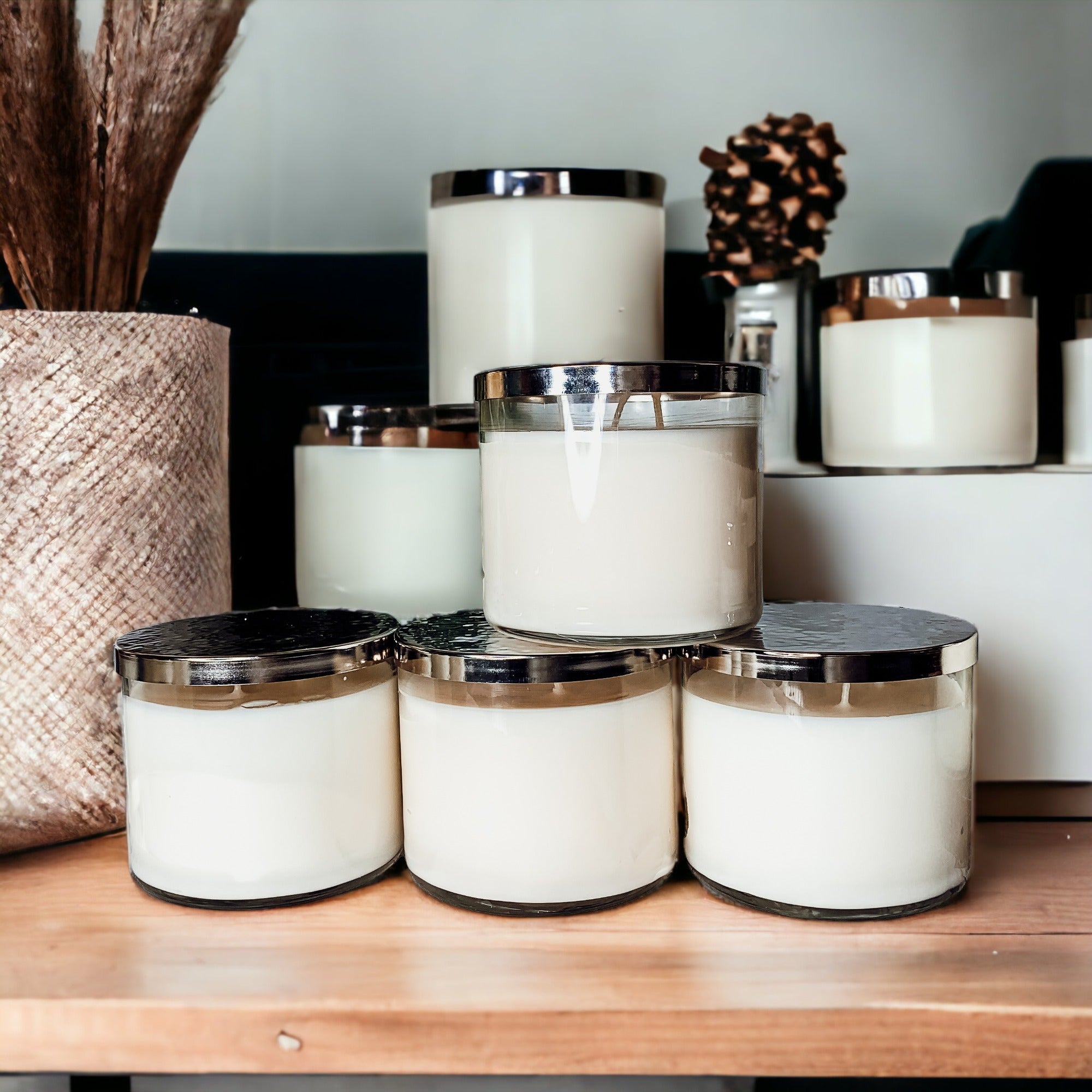 3-Wick Soy Candle 14.5oz Clear Glass Jar Silver Hammered Lid Hand-Poured USA