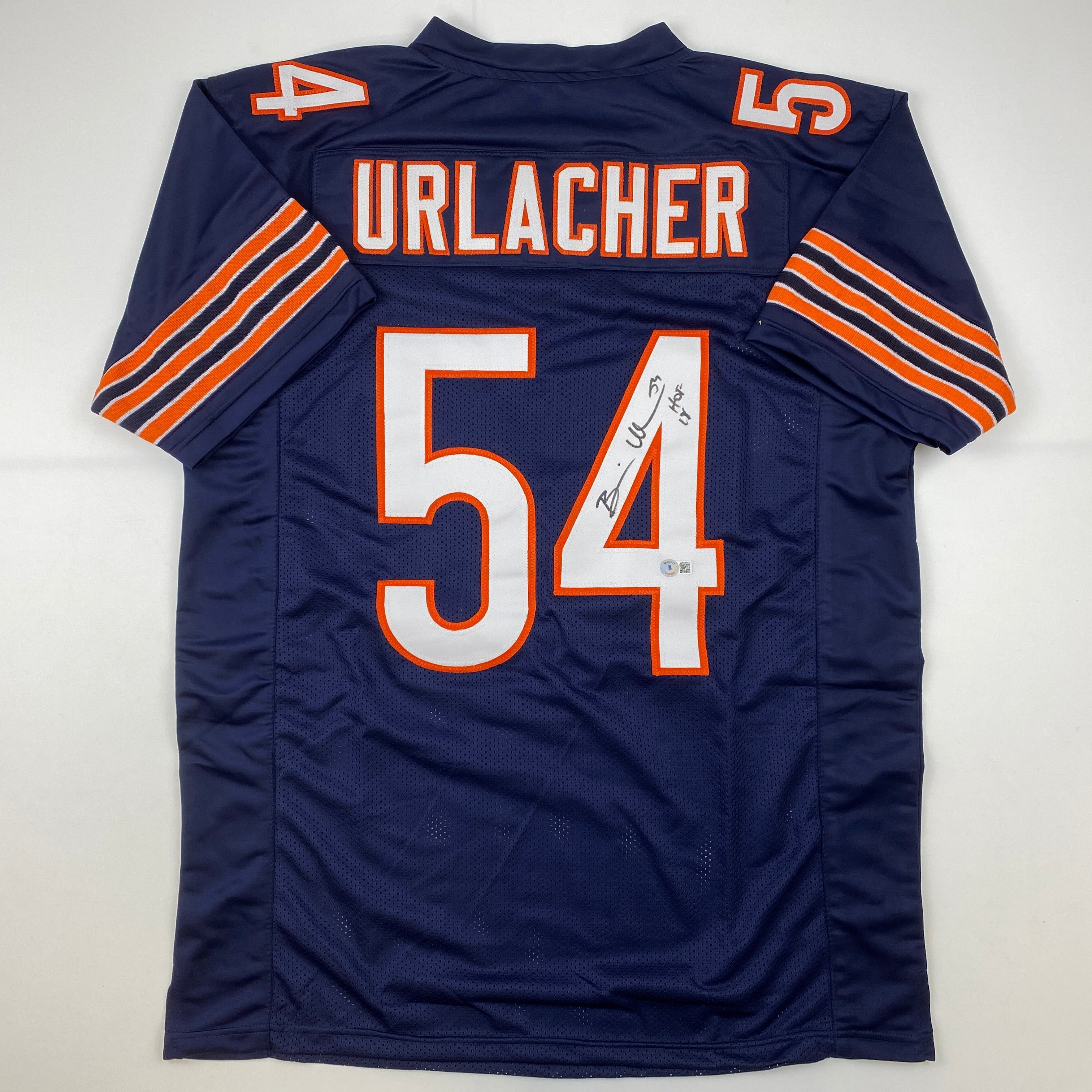Autographed/Signed Brian Urlacher HOF 18 Chicago Blue Football Jersey Beckett BAS COA