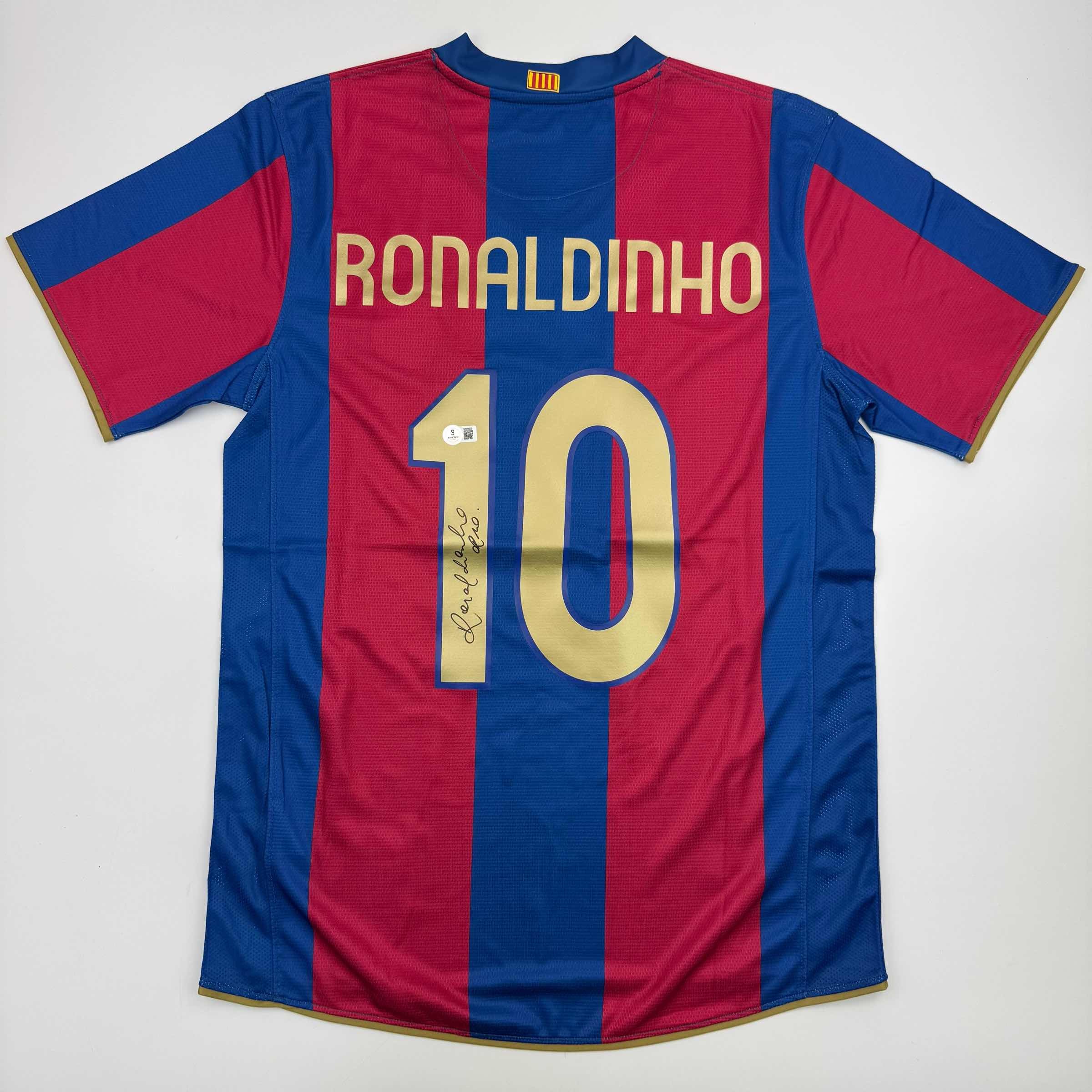 Autographed/Signed Ronaldinho Barcelona Blue/Red Soccer Jersey Beckett BAS COA