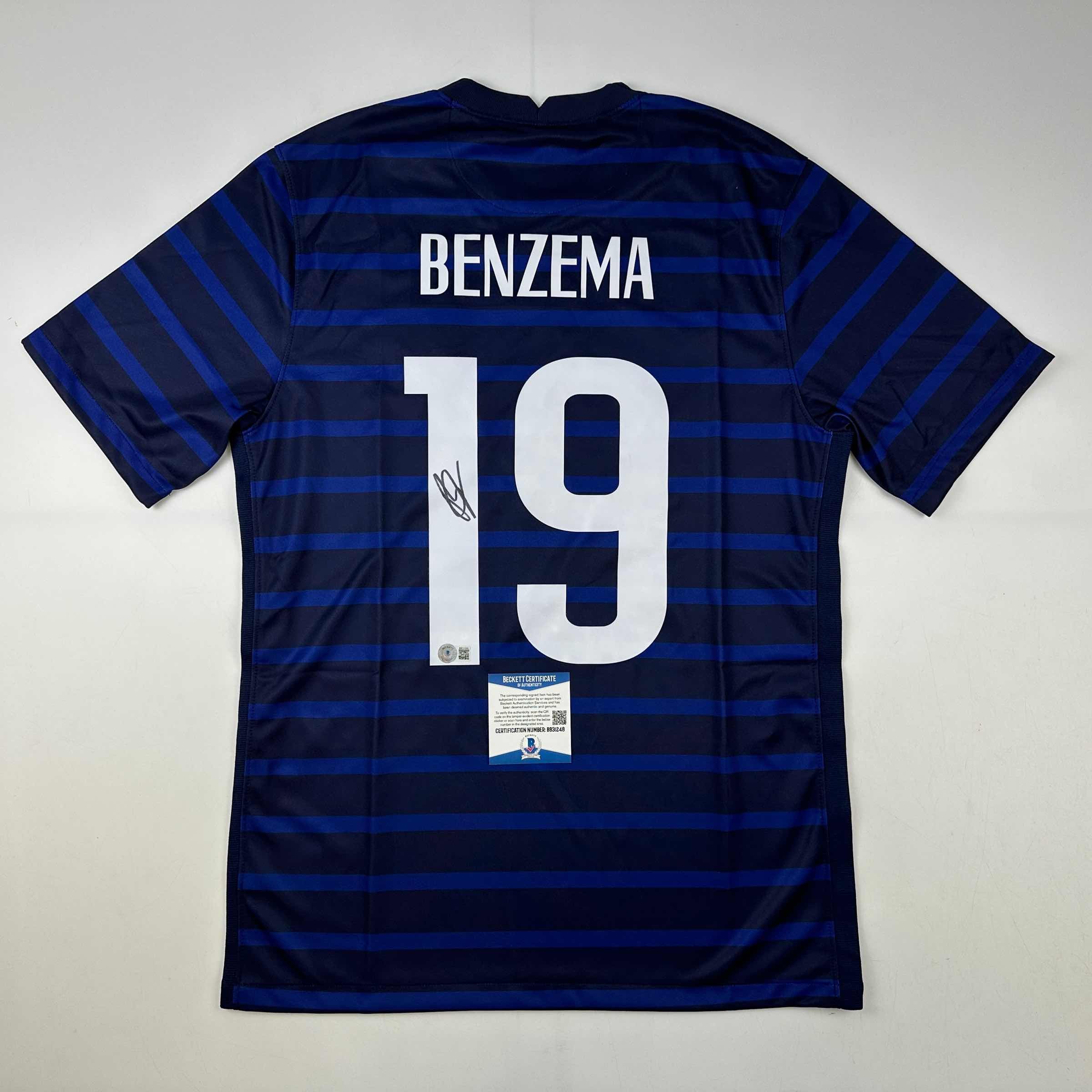 Autographed/Signed Karim Benzema France French National Team Blue Soccer Jersey Beckett BAS COA