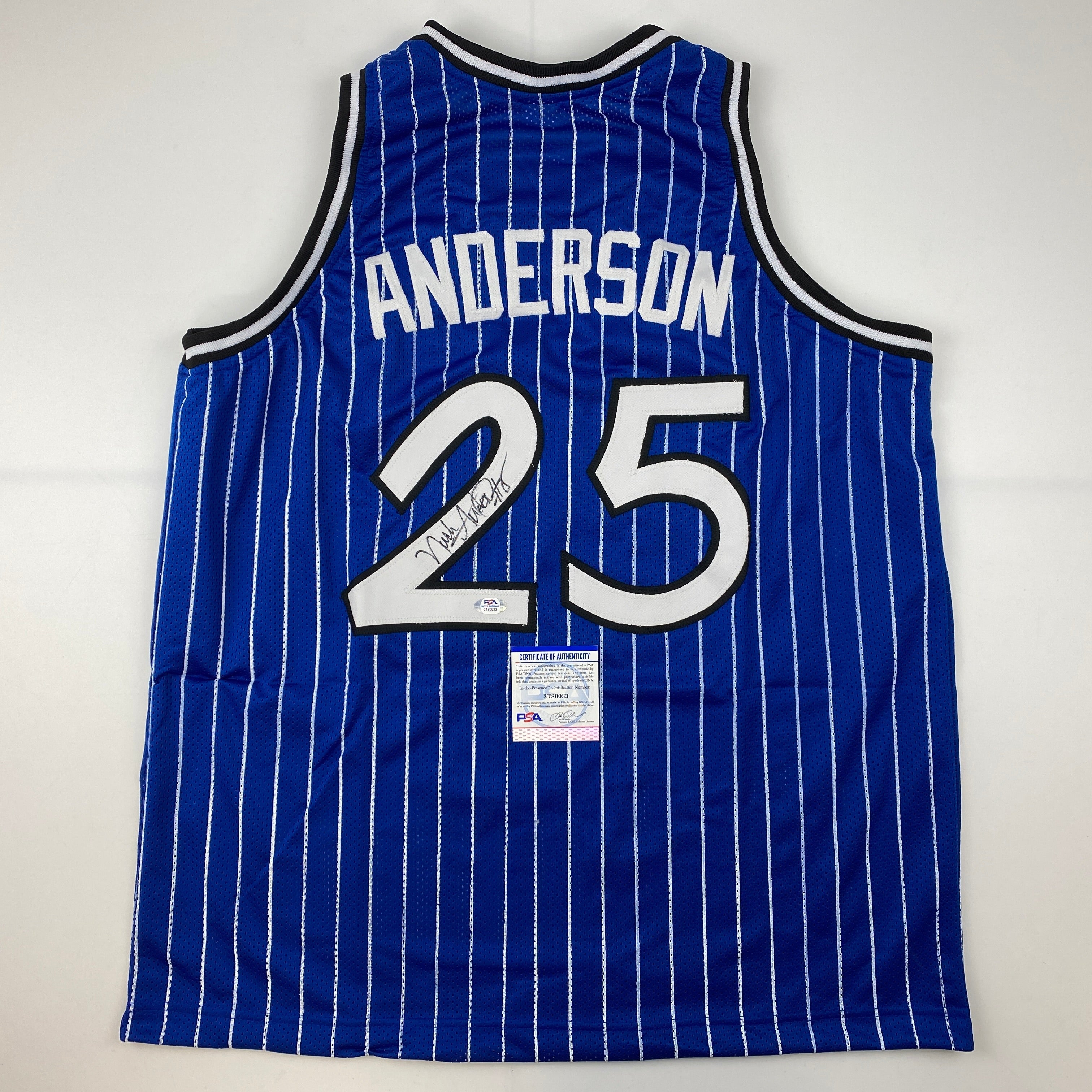 Autographed/Signed Nick Anderson Orlando Blue Pinstripe Basketball Jersey PSA/DNA COA