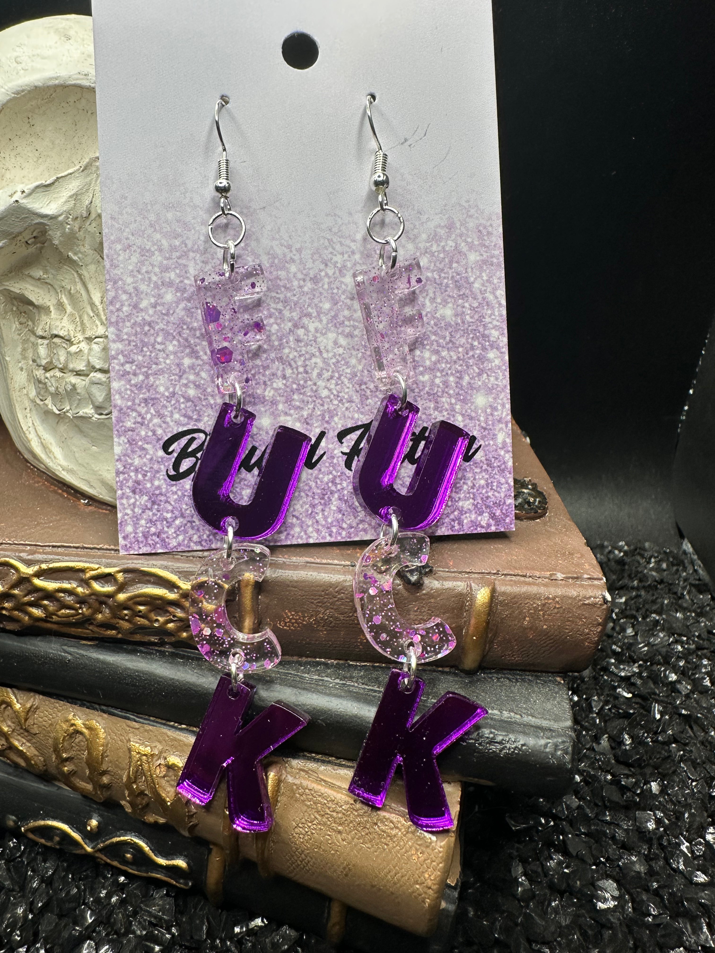 FUCK Mirrored Purple Acrylic Earrings