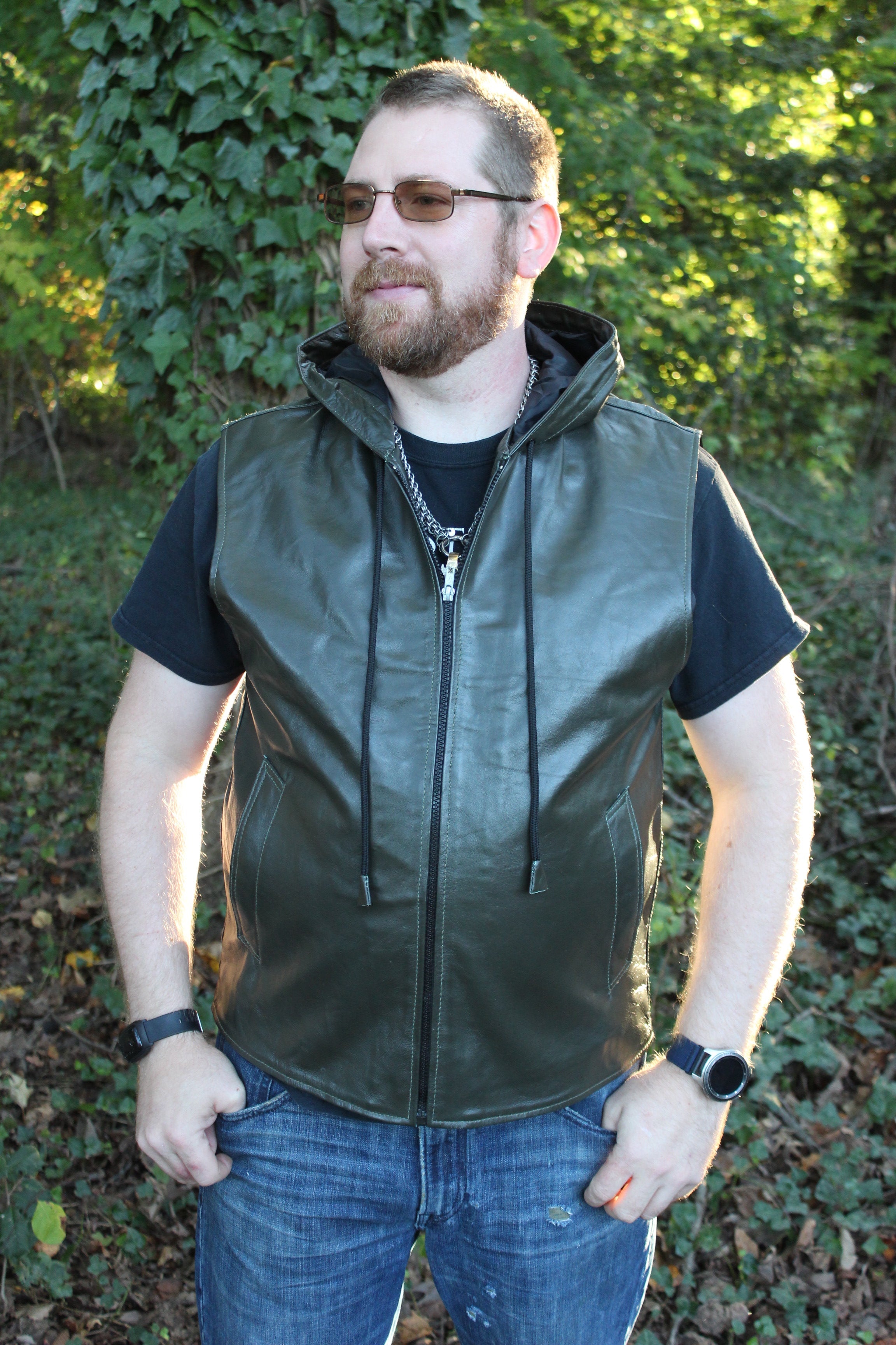 OnF Leather Hoodie in Olive Green