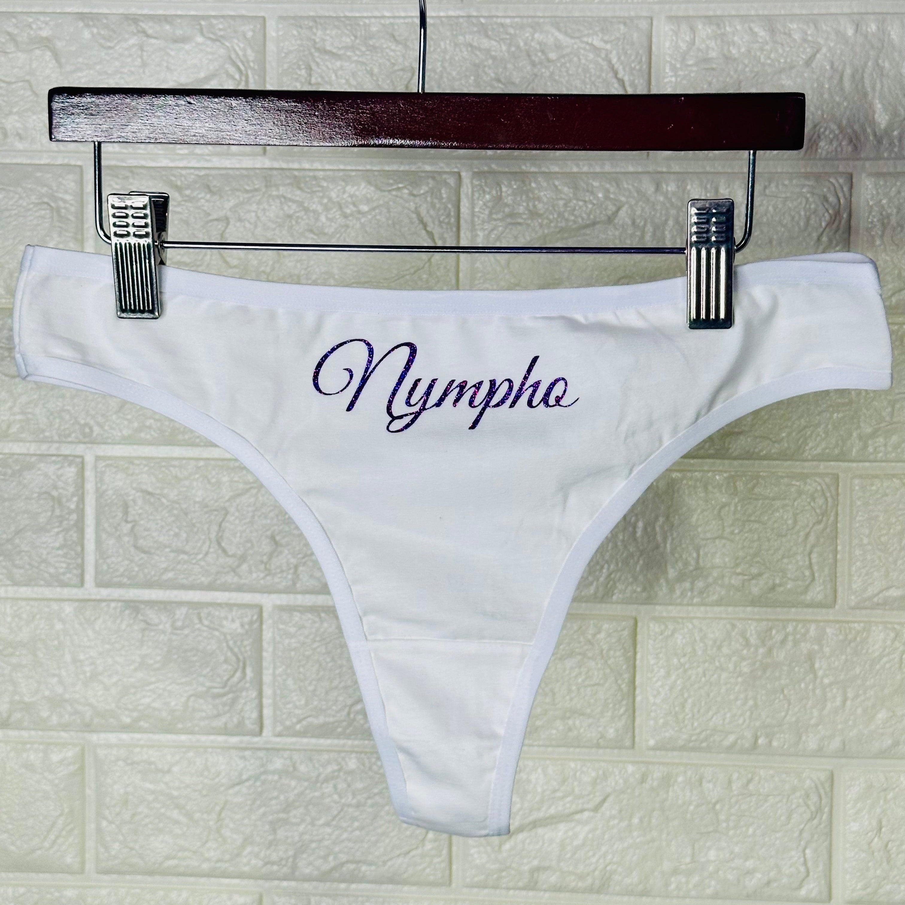 Nympho Cotton Thong Panties with Purple Letters