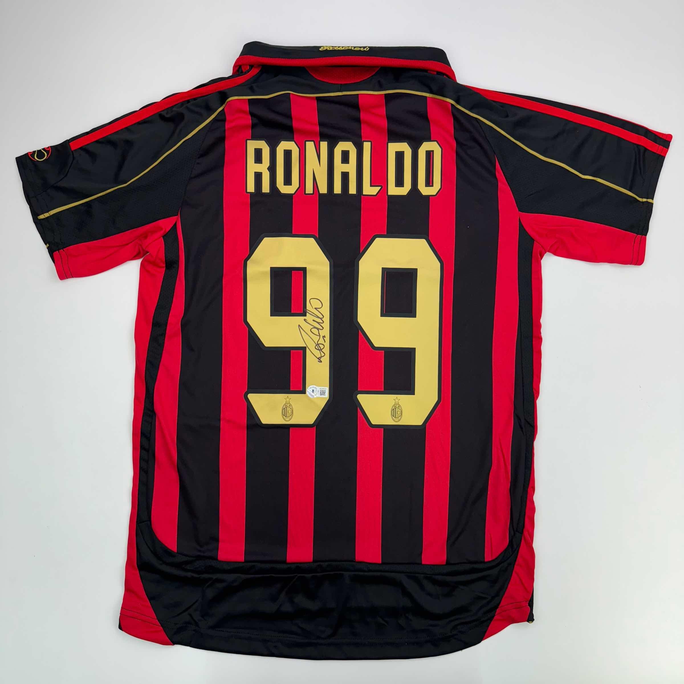 Autographed/Signed Ricardo Ronaldo Nazario AC Milan Black/Red Soccer Futbol Jersey Beckett BAS COA