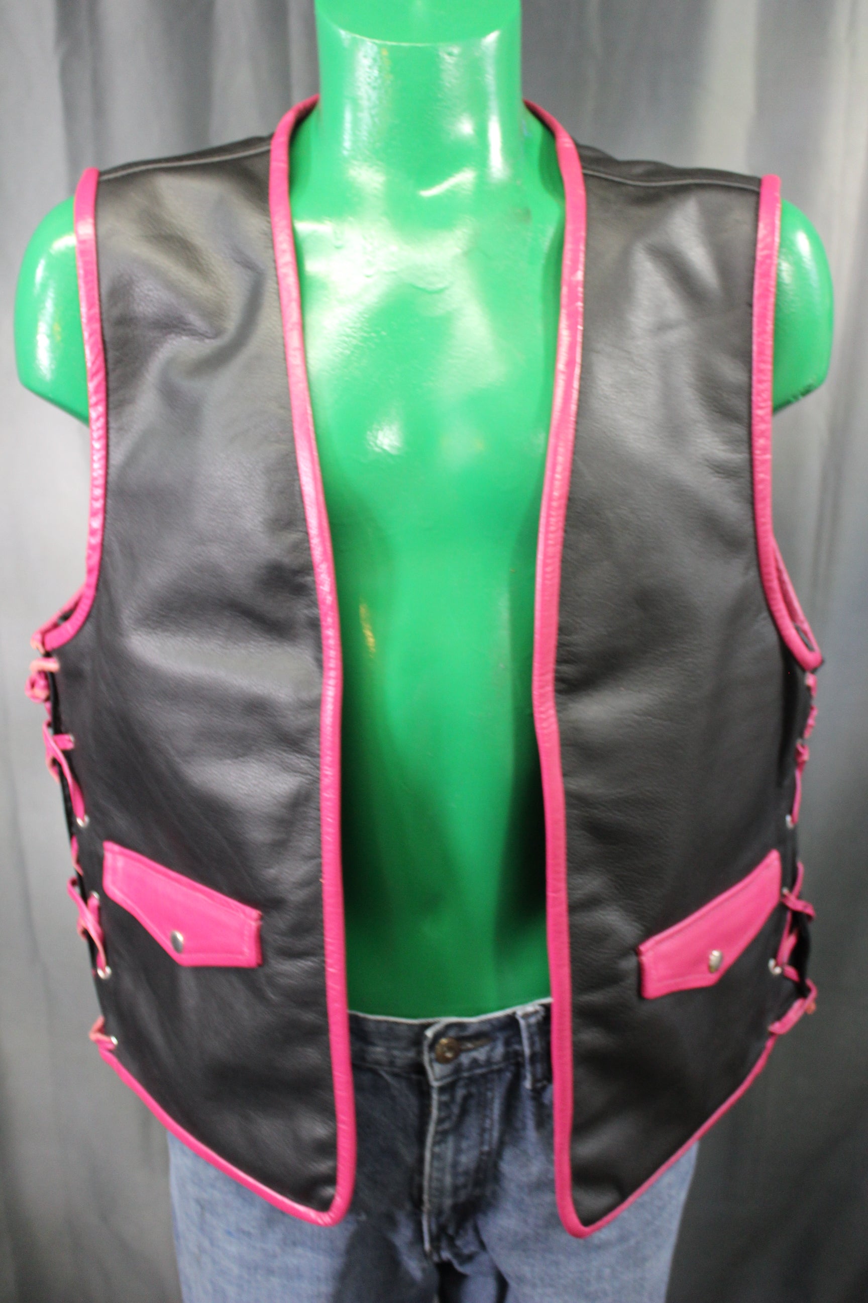 OnF Leather Bar Vest - Black with Pink Highlights