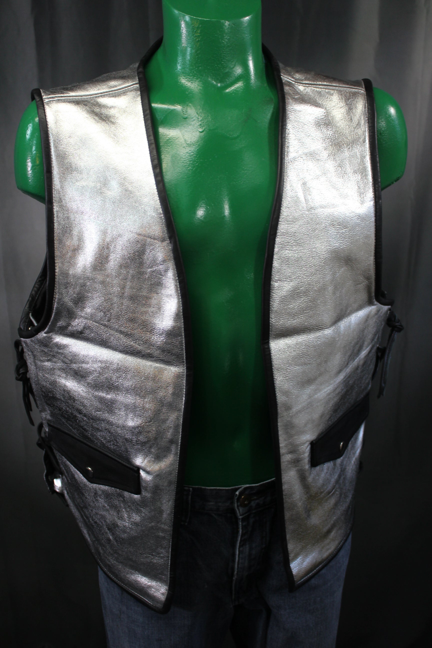 OnF Leather Bar Vest - Silver with Black Highlights