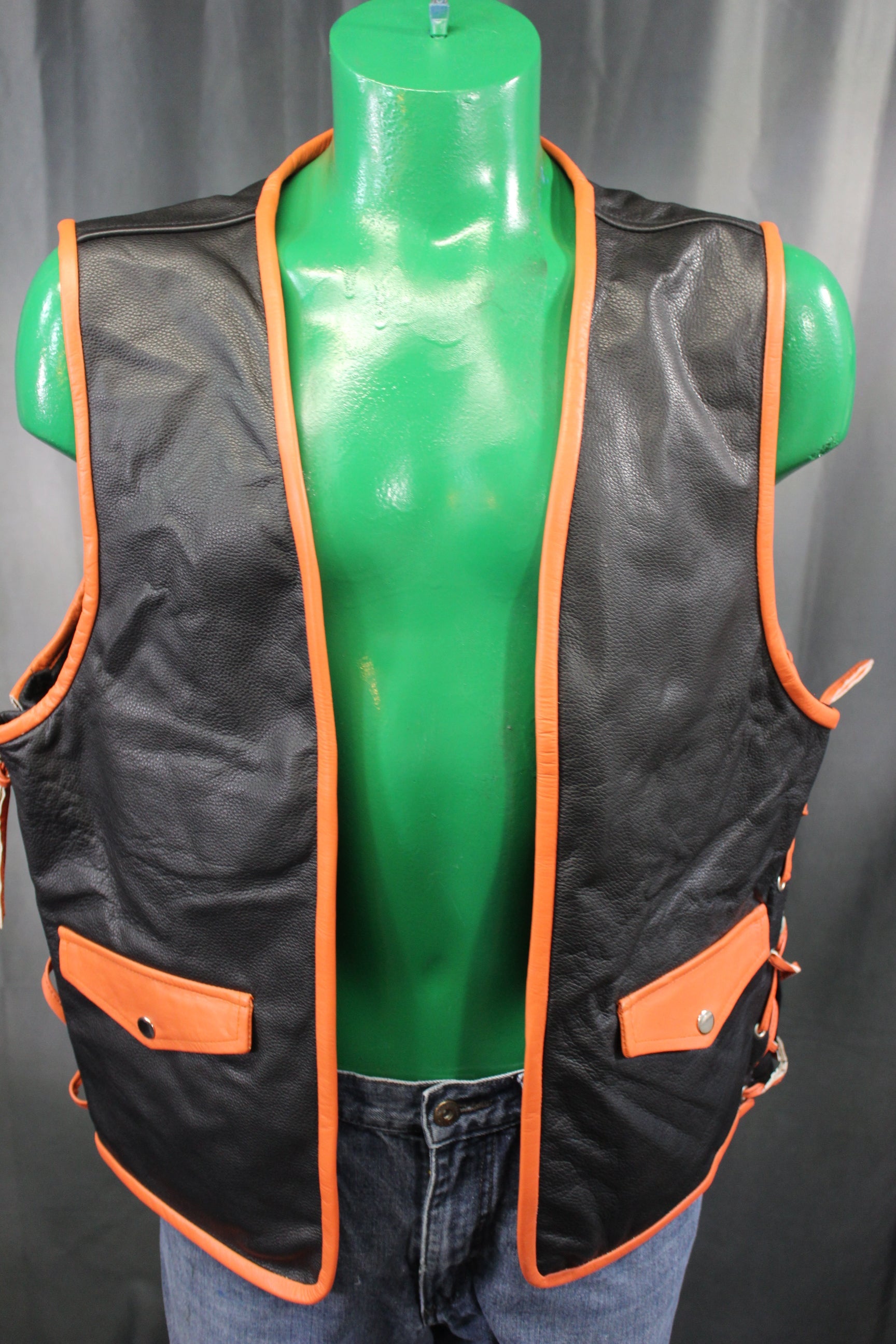 OnF Leather Bar Vest - Black with Orange Highlights