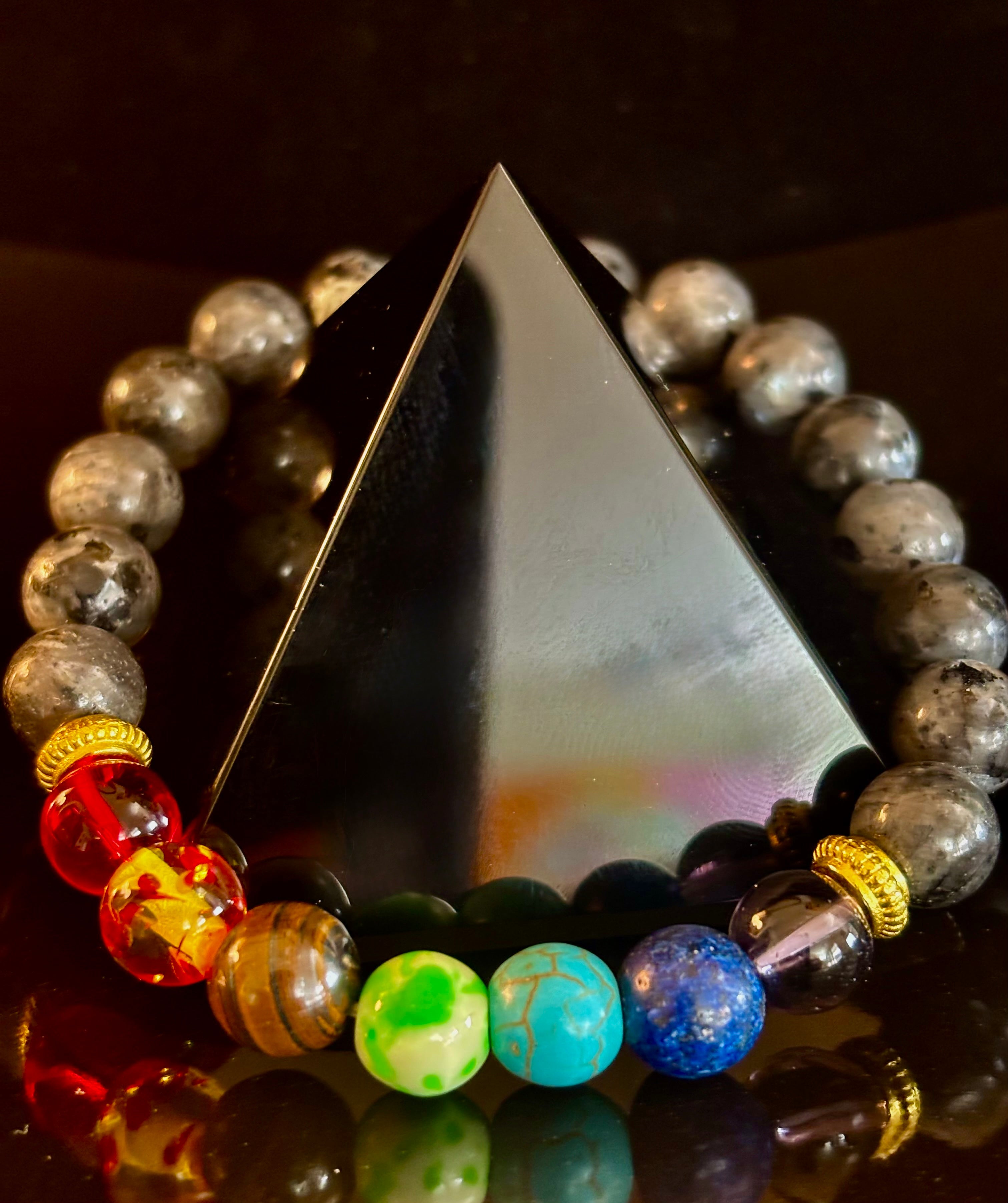 Chakra &amp;amp; Black Spectrolite Energy Balance Bracelet – 8mm Beads (Small to Medium Wrists)