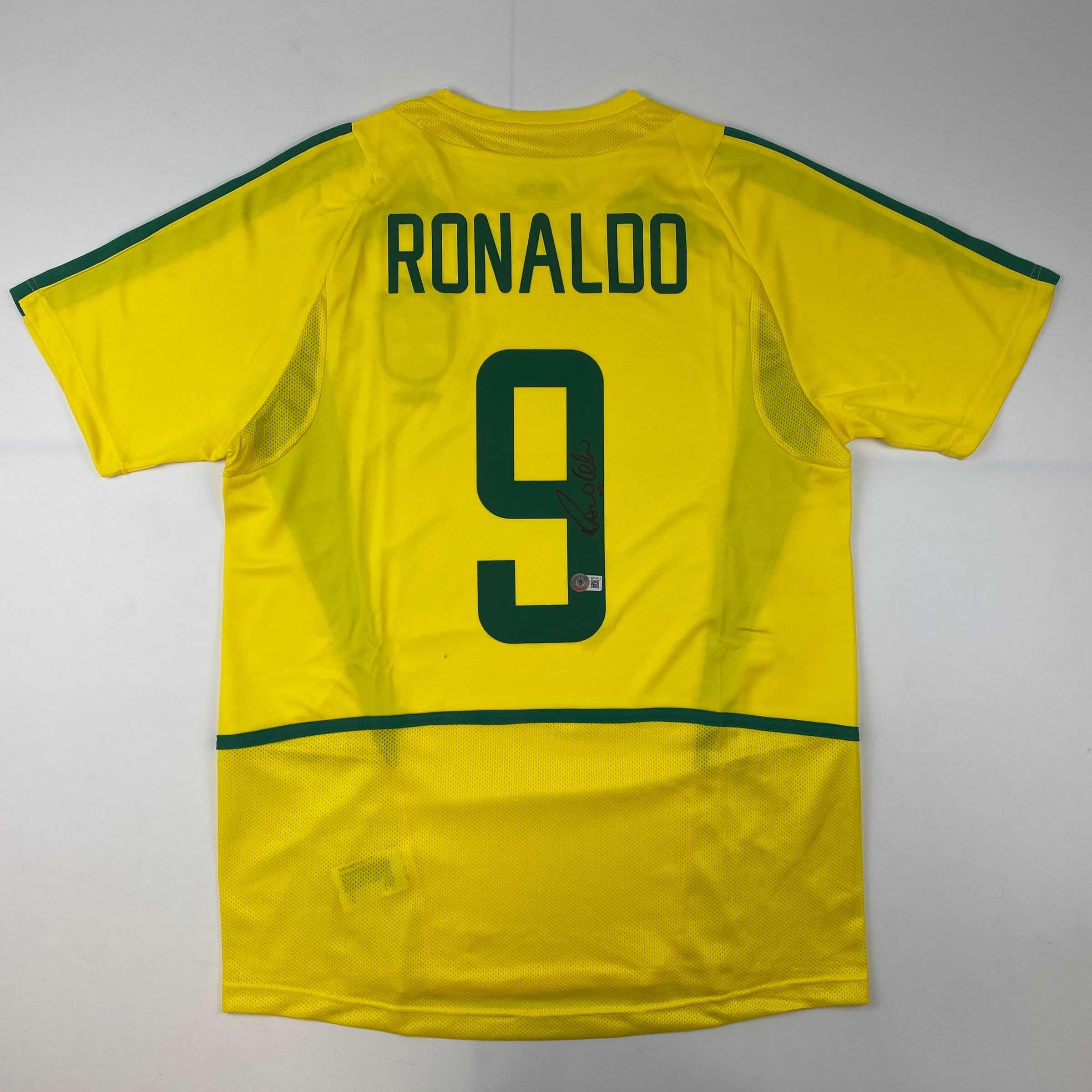 Autographed/Signed Ronaldo Nazario Brazil Yellow Soccer Jersey Beckett BAS COA