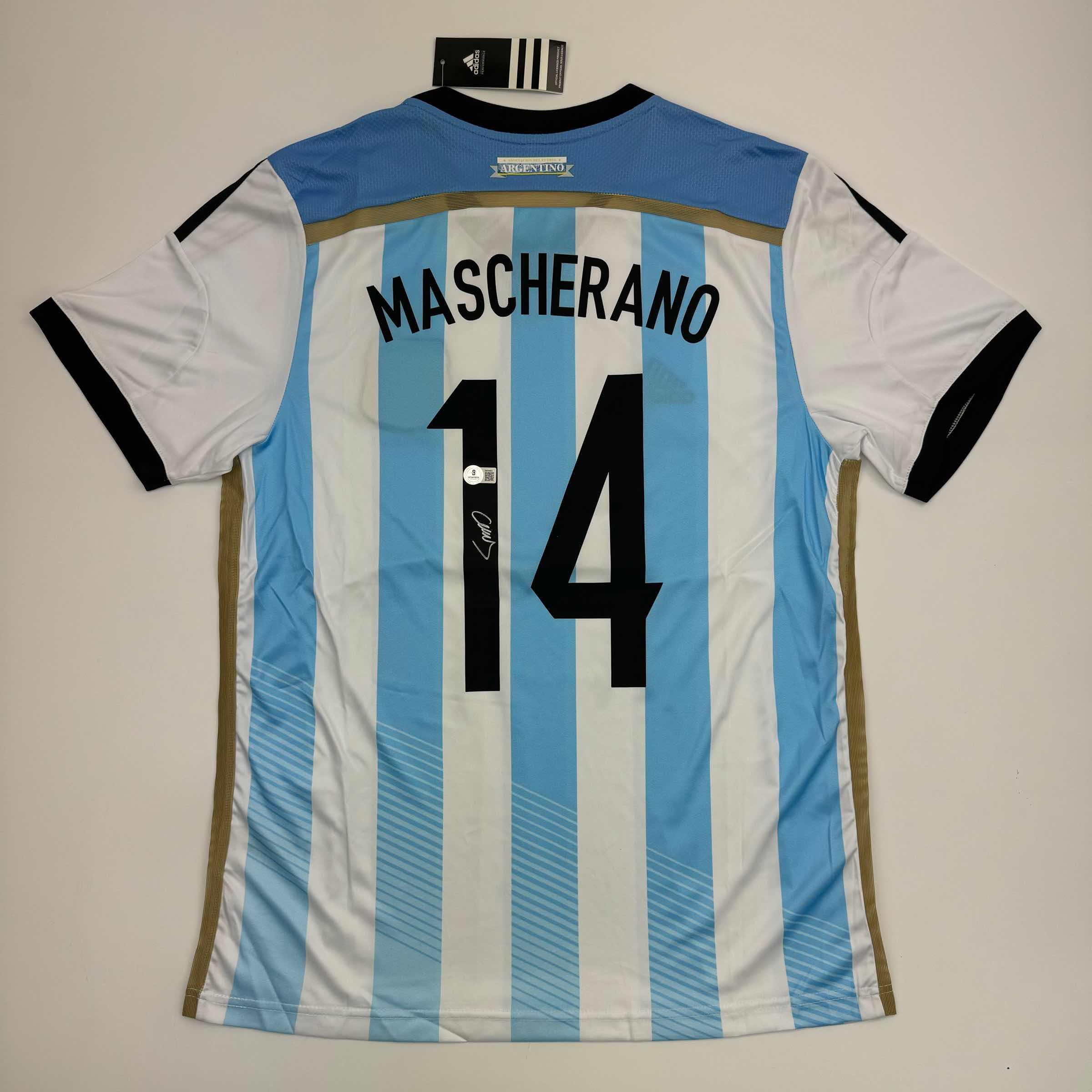 Autographed/Signed Javier Mascherano Argentina Blue Soccer Futbol Jersey Beckett BAS COA