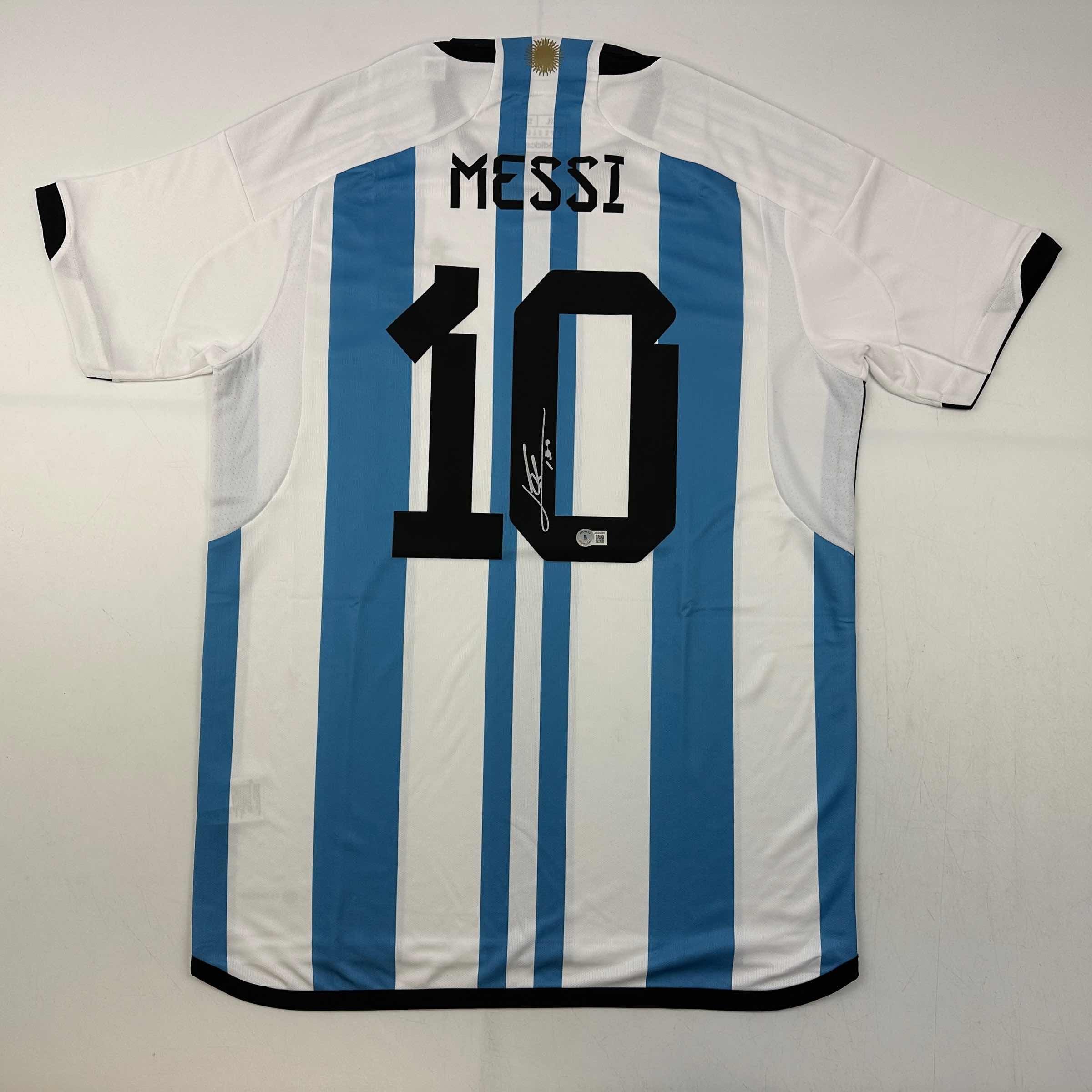 Autographed/Signed Lionel Leo Messi Argentina Blue/White Soccer Jersey Beckett BAS COA/LOA