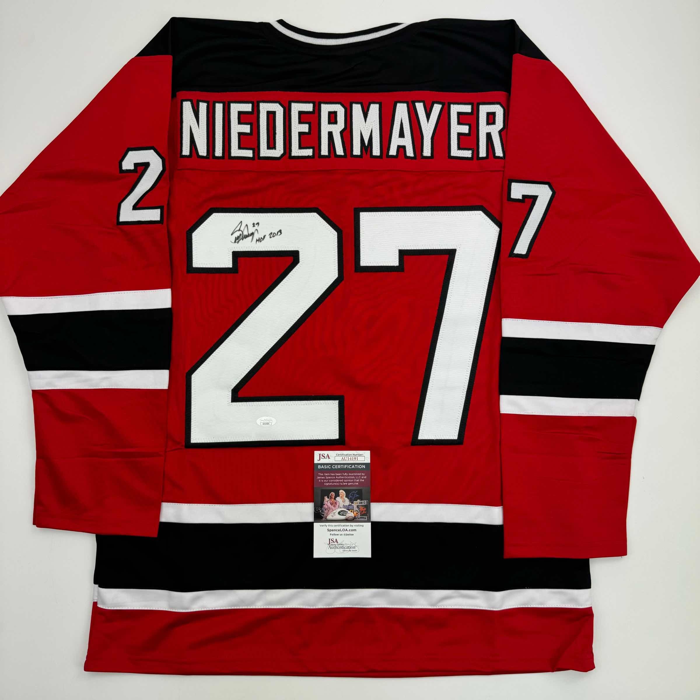 Autographed/Signed Scott Niedermayer &amp;quot;HOF 2013&amp;quot; New Jersey Red Hockey Jersey JSA COA