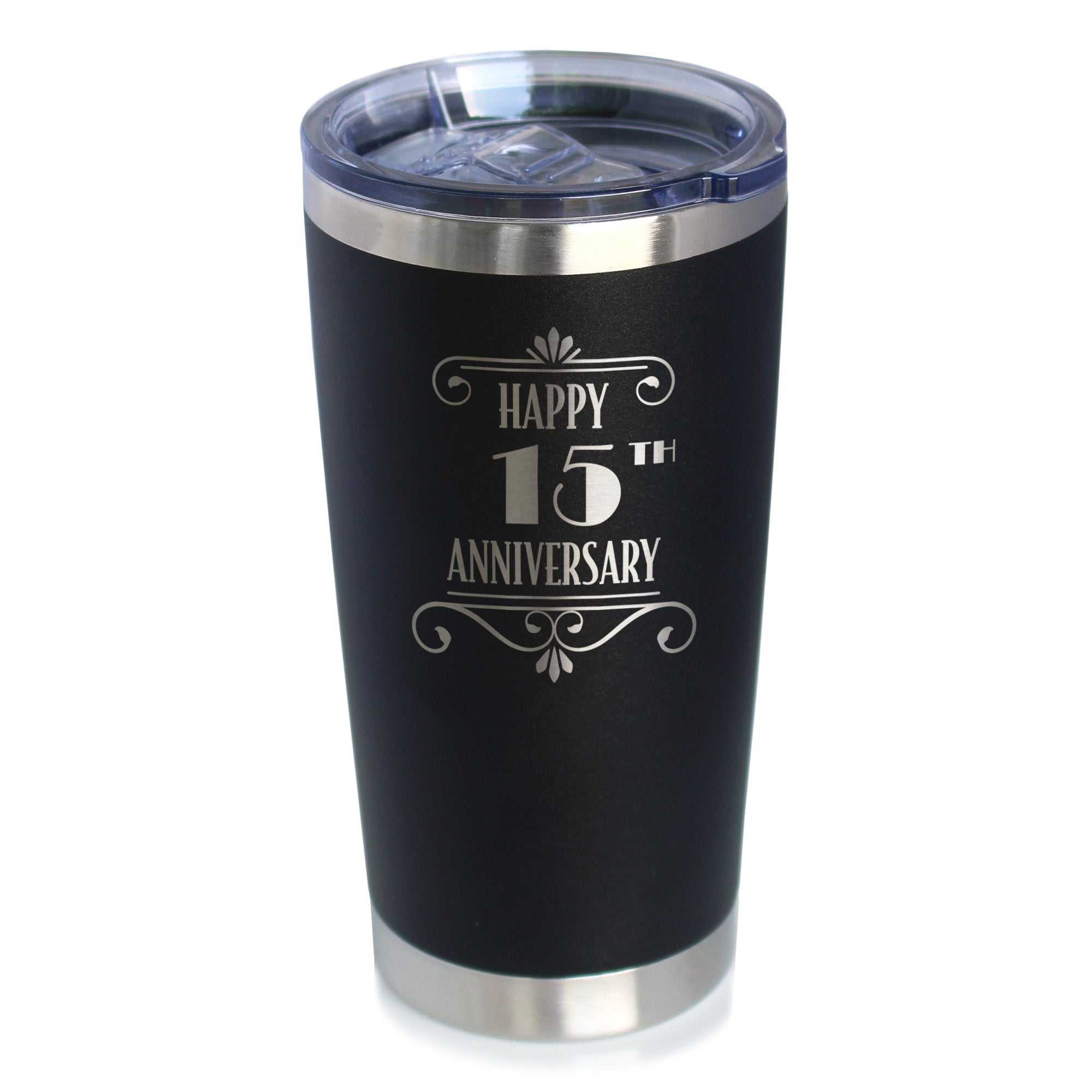 Happy 15th Anniversary Gifts Insulated Coffee Tumbler with Sliding Lid 15 Year Anniversary Art Deco Party Decor 20oz Stainless Steel Tumbler