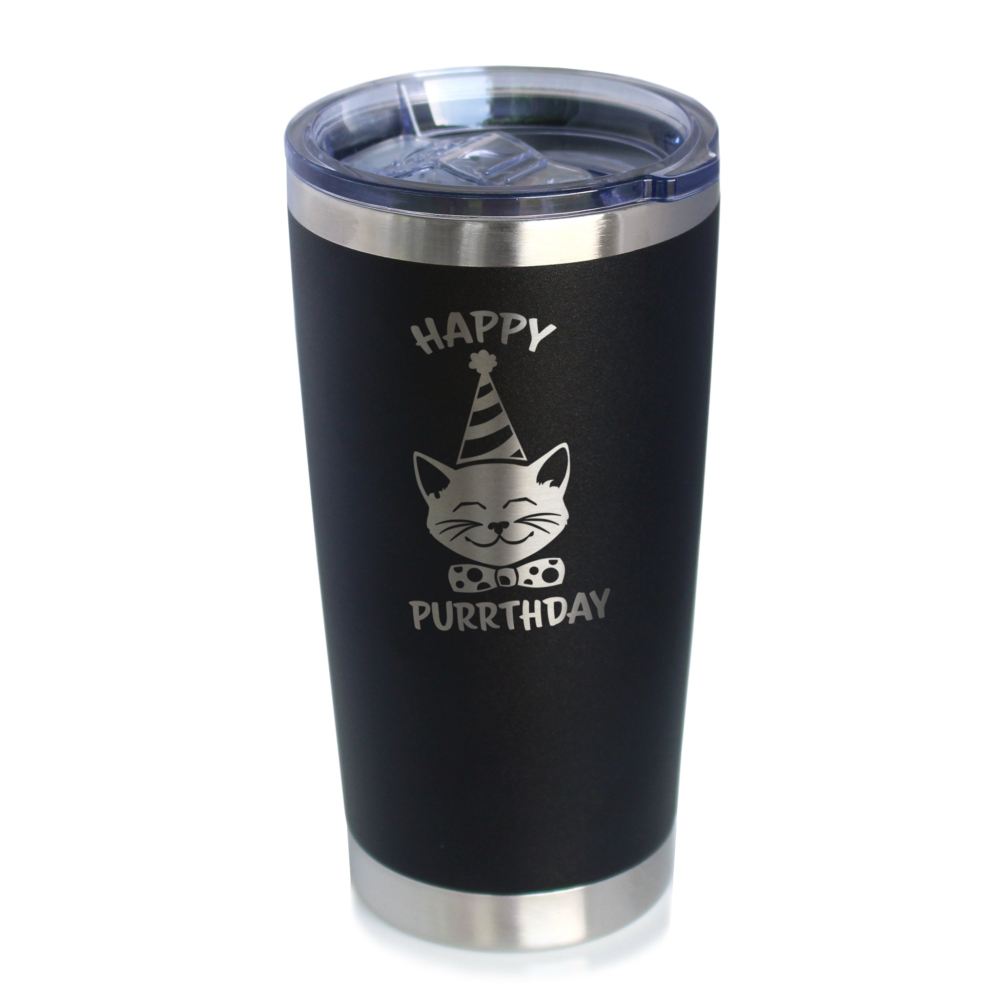 Happy Purrthday - Insulated Coffee Tumbler Cup with Sliding Lid - Stainless Steel Travel Mug - Unique Cat Birthday Gifts for Women and Men