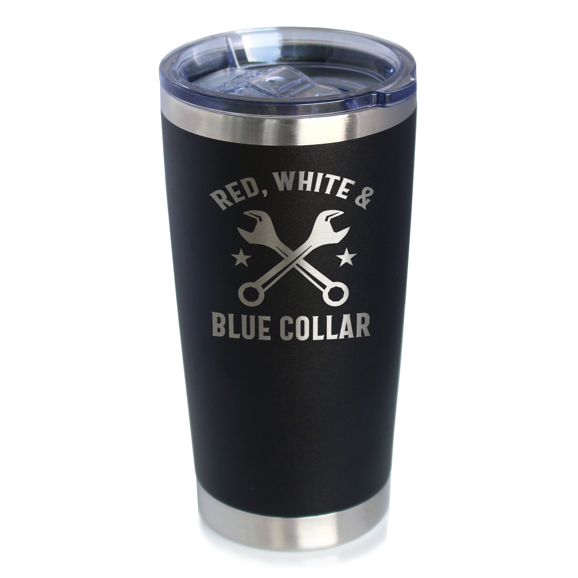 Red White &amp;amp; Blue Collar Insulated Coffee Tumbler with Sliding Lid Gifts for Tradesmen, Manual Labor Workers 20oz Stainless Steel Tumbler
