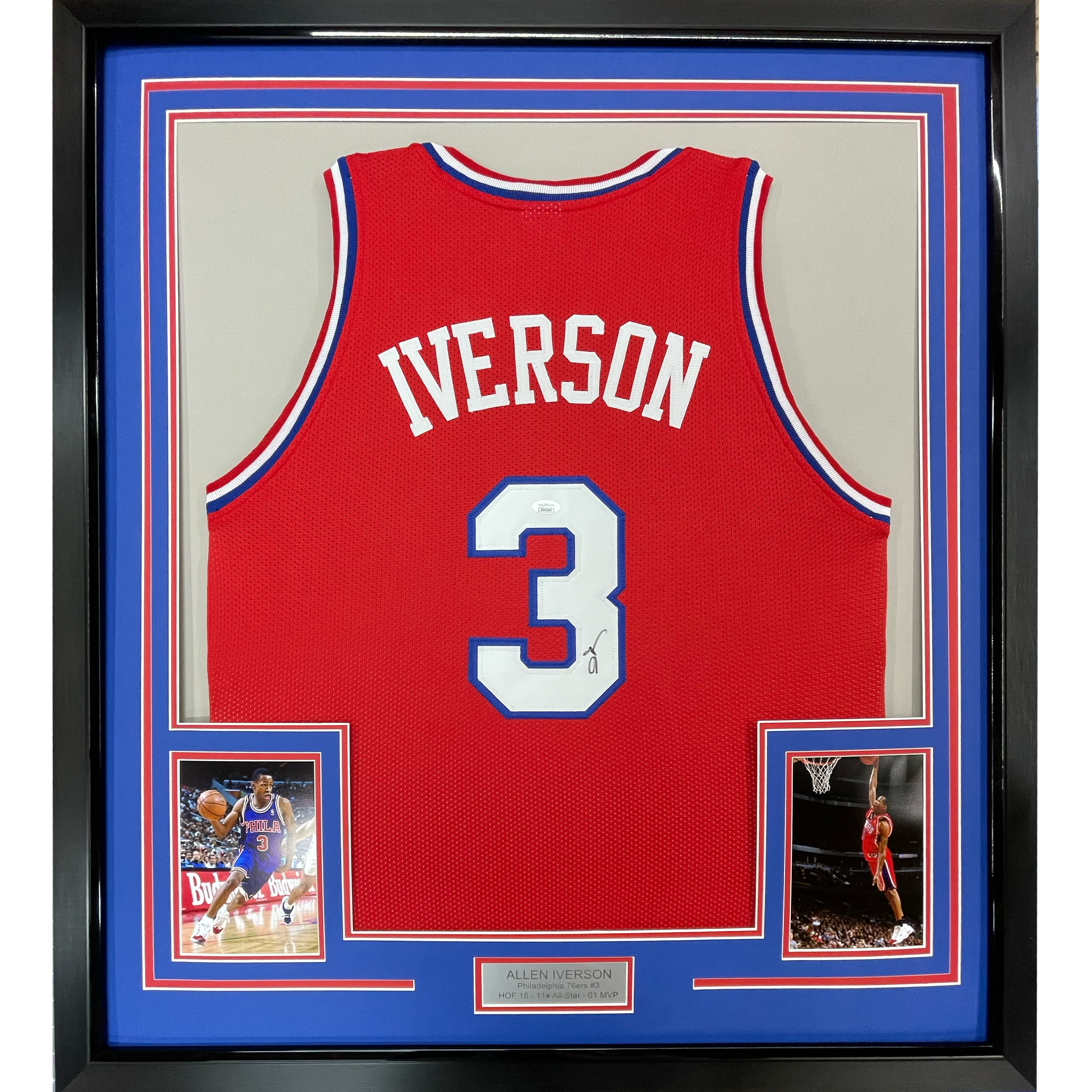 Framed Autographed/Signed Allen Iverson 35x39 Philadelphia Red Basketball Jersey JSA COA