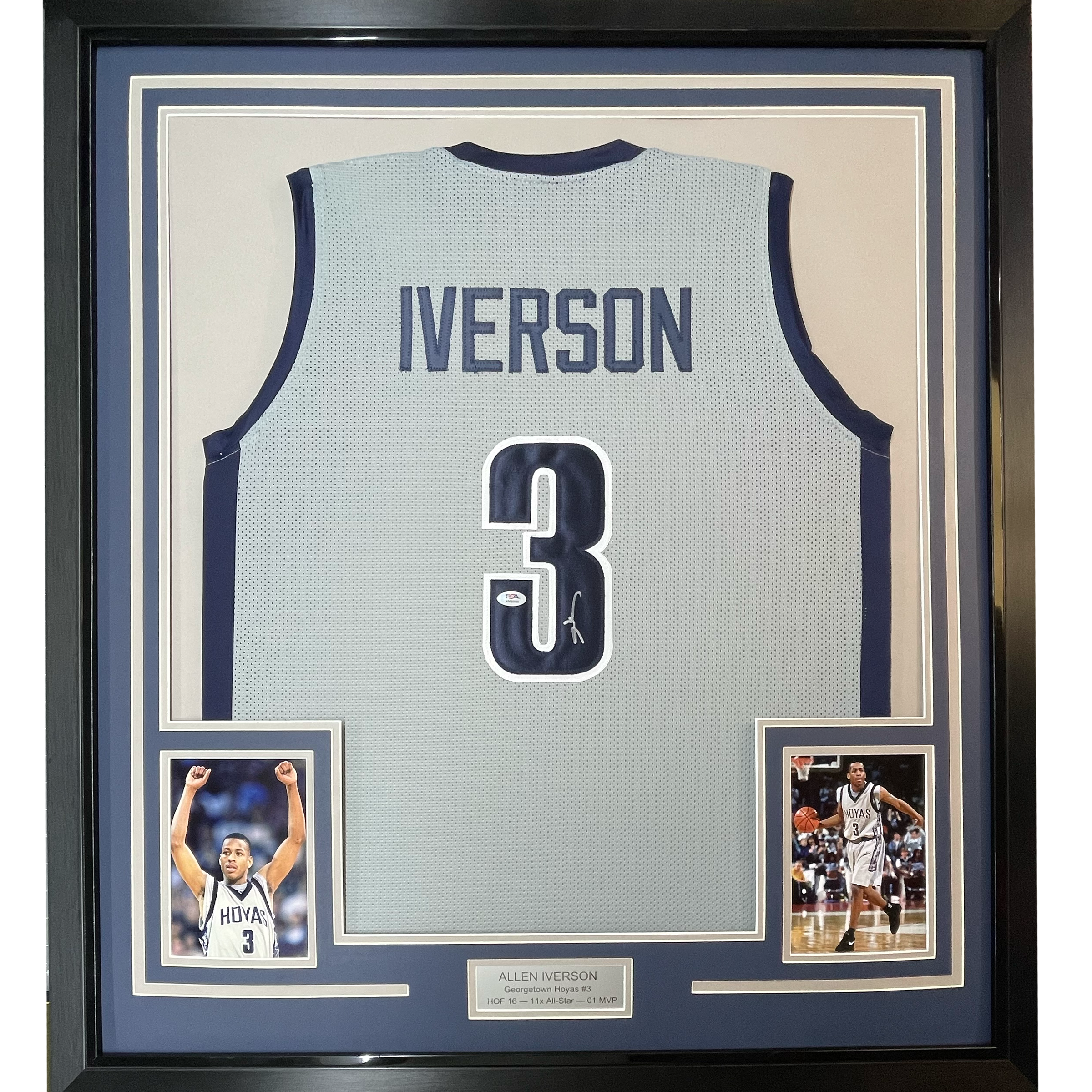 Framed Autographed/Signed Allen Iverson 35x39 Georgetown Grey Basketball Jersey JSA COA