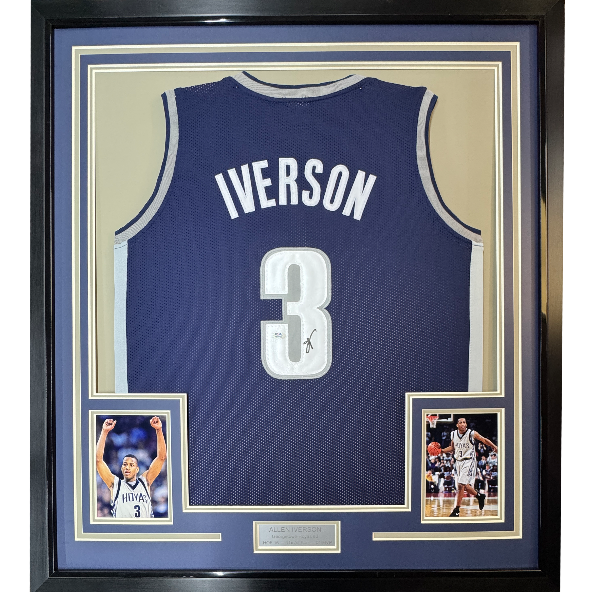 Framed Autographed/Signed Allen Iverson 35x39 Georgetown Blue Basketball Jersey JSA COA