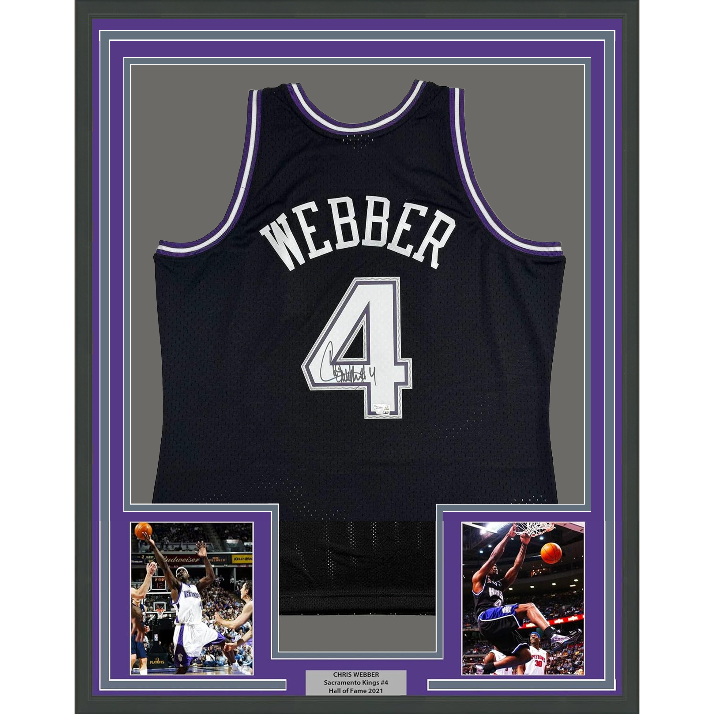 Framed Autographed/Signed Chris Webber 35x39 Sacramento Black Basketball Mitchell &amp;amp; Ness Jersey Fanatics COA