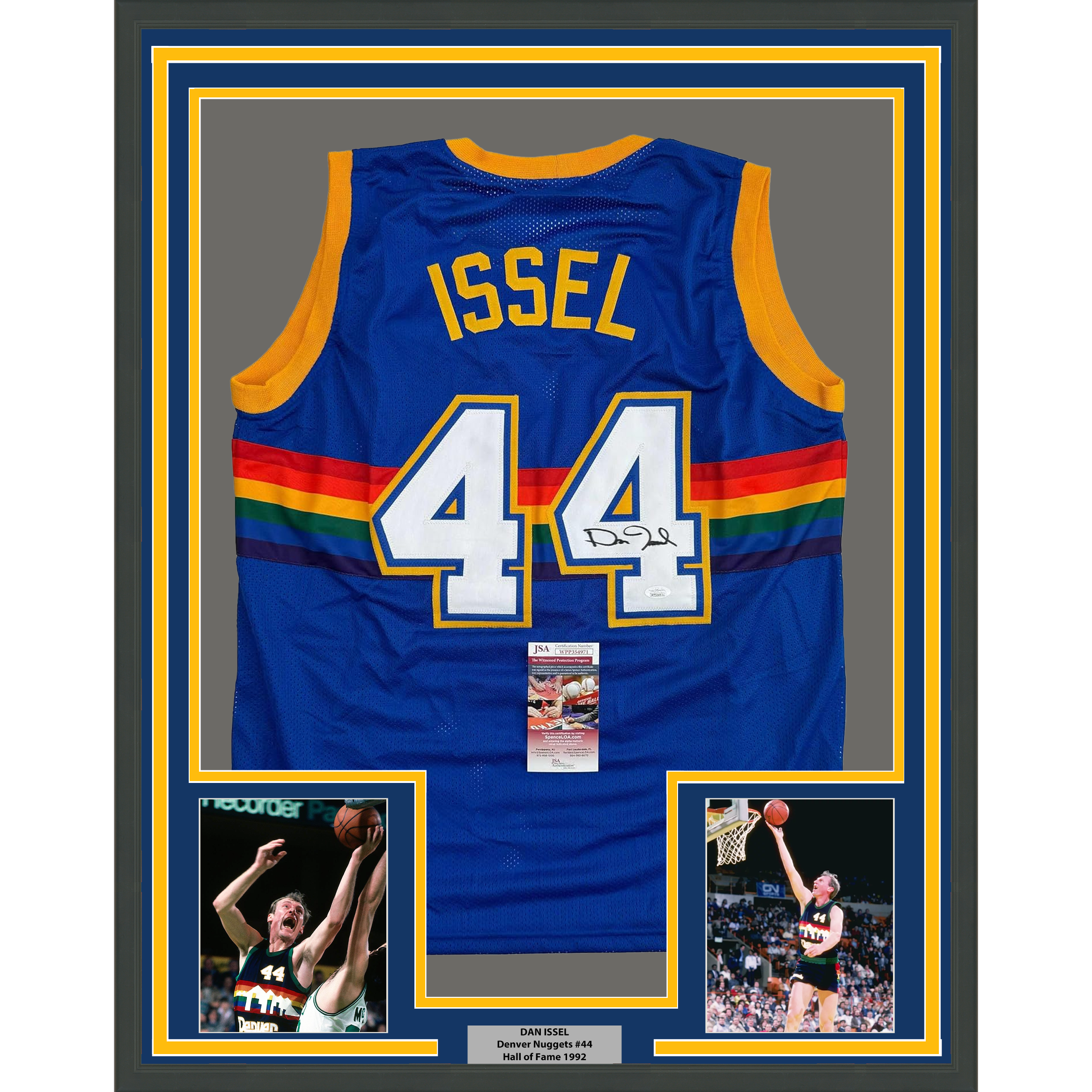Framed Autographed/Signed Dan Issel 35x39 Denver Blue Retro Rainbow Basketball Jersey JSA COA