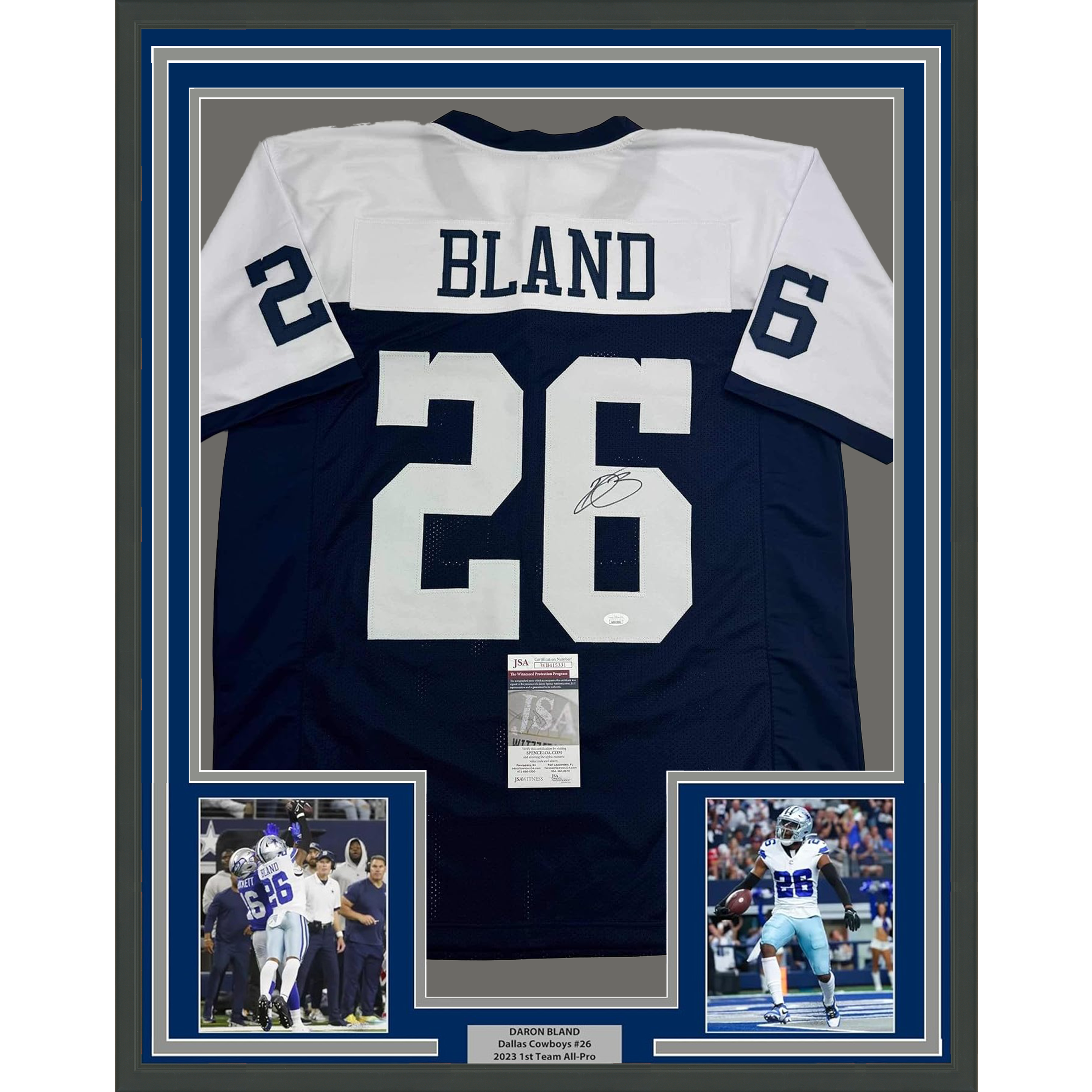 Framed Autographed/Signed Daron Bland 35x39 Dallas Thanksgiving Football Jersey JSA COA
