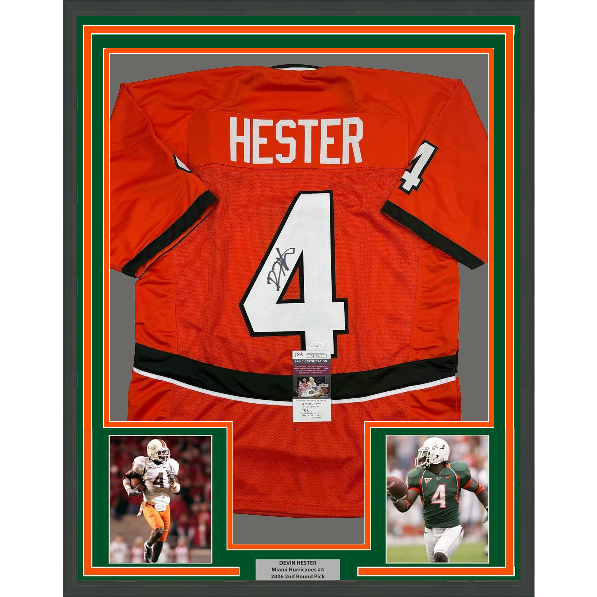 Framed Autographed/Signed Devin Hester 35x39 Miami Orange College Football Jersey JSA COA