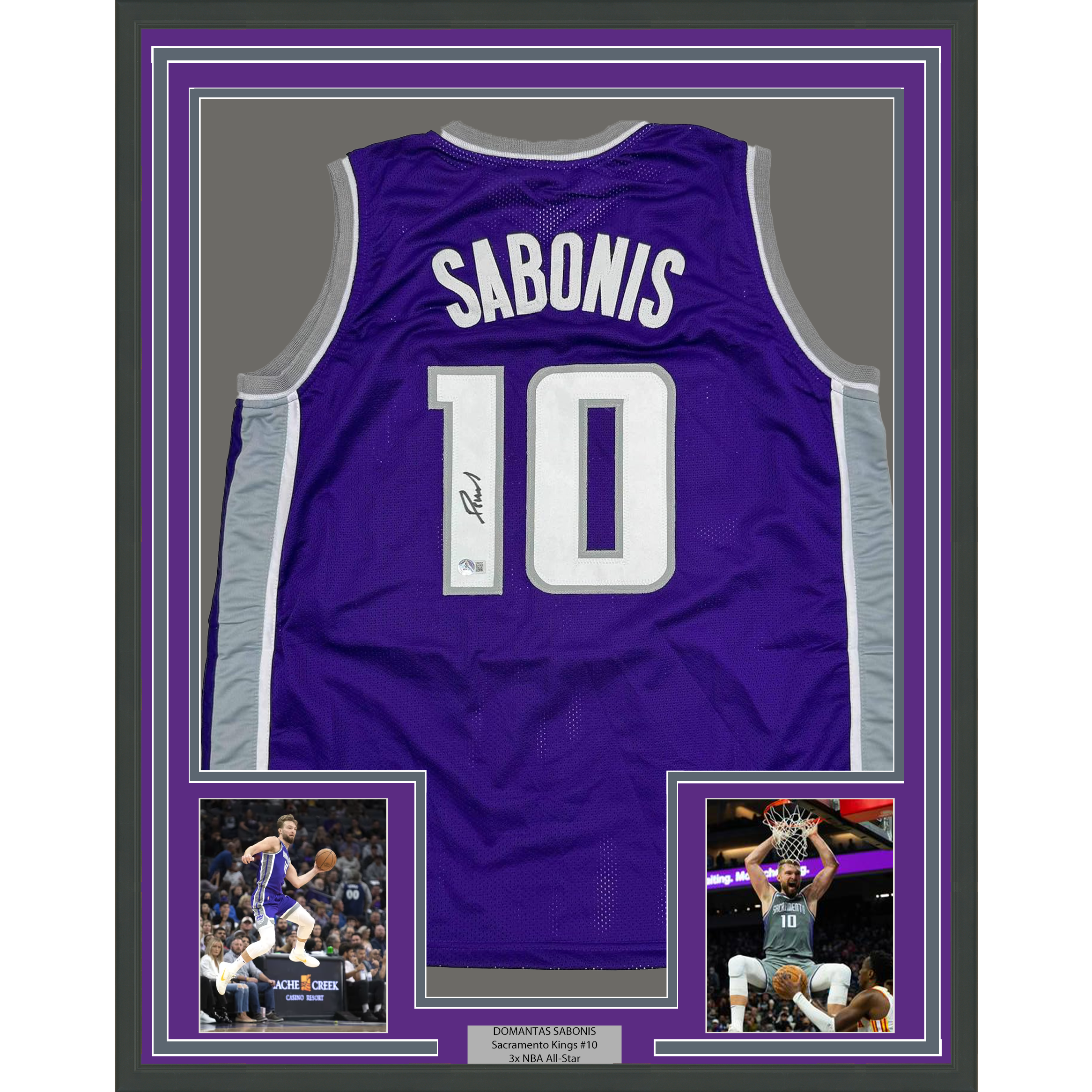 Framed Autographed/Signed Domantas Sabonis 35x39 Sacramento Purple Basketball Jersey Beckett BAS COA