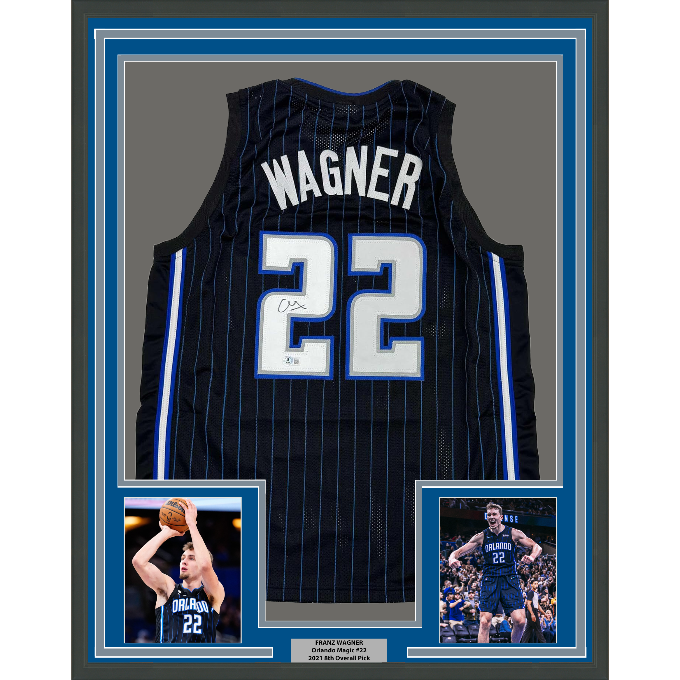 Framed Autographed/Signed Franz Wagner 35x39 Orlando Black Basketball Jersey Beckett BAS COA