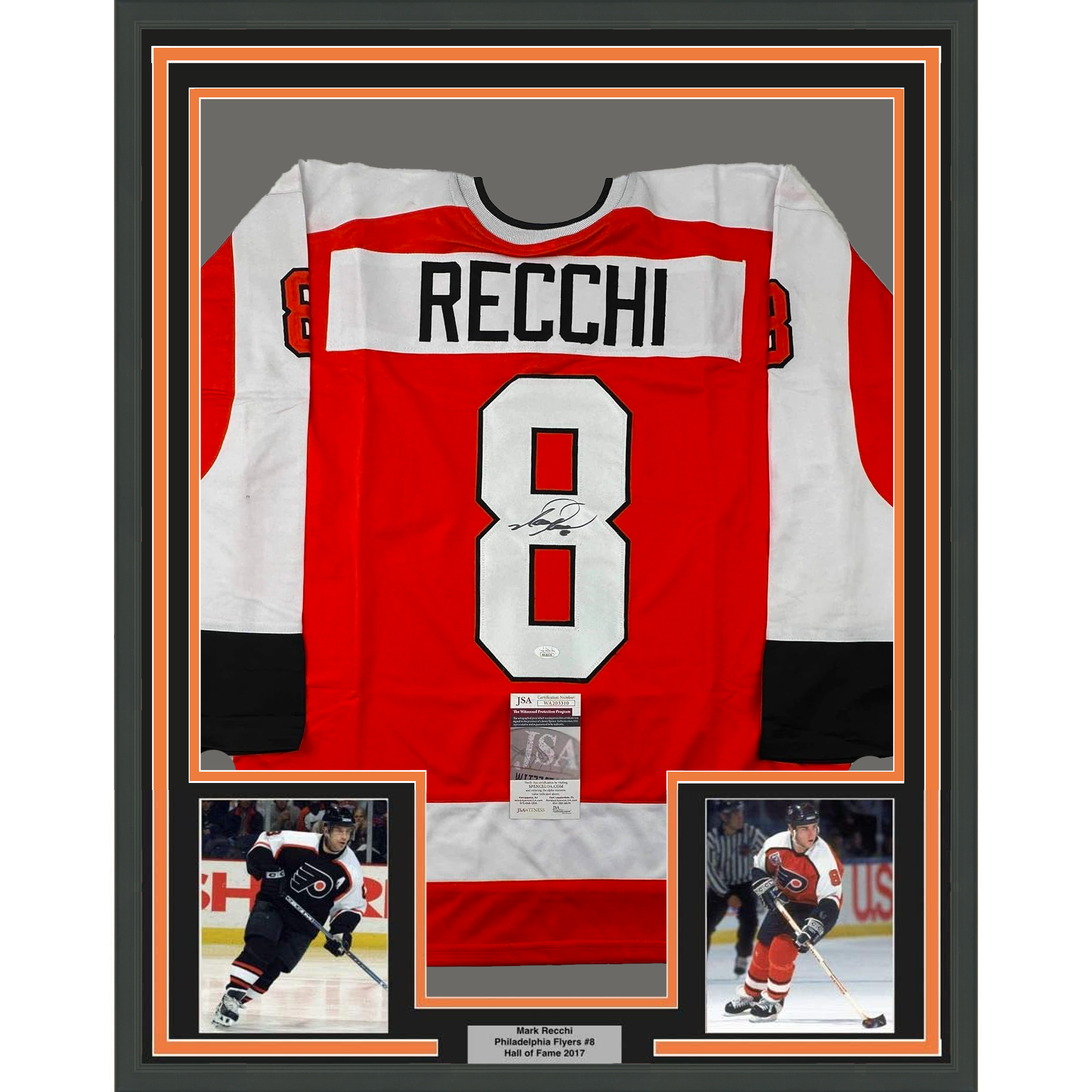 Framed Autographed/Signed Mark Recchi 35x39 Philadelphia Orange Hockey Jersey JSA COA