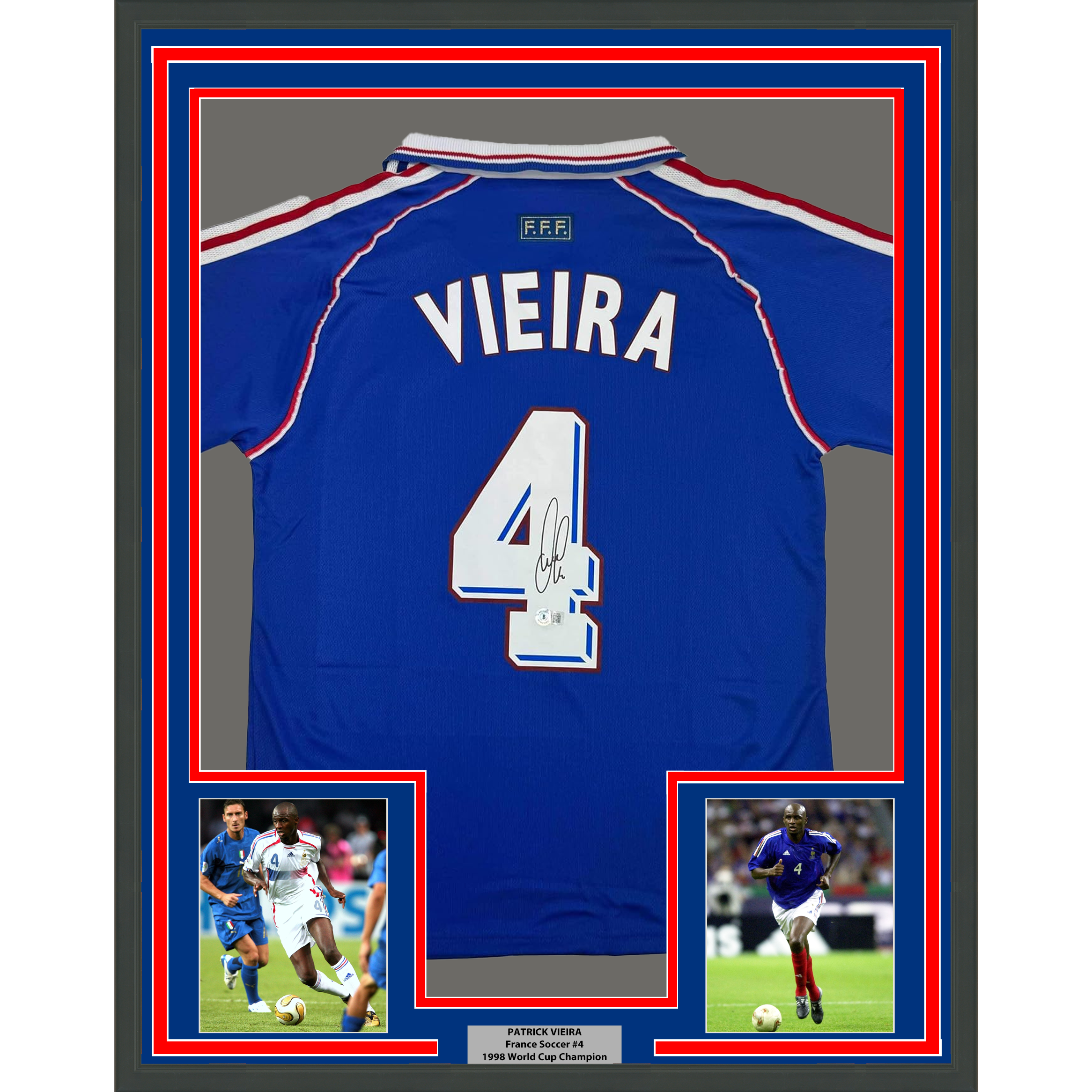 Framed Autographed/Signed Patrick Vieira 35x39 France French National Team Blue Soccer Jersey Beckett BAS COA