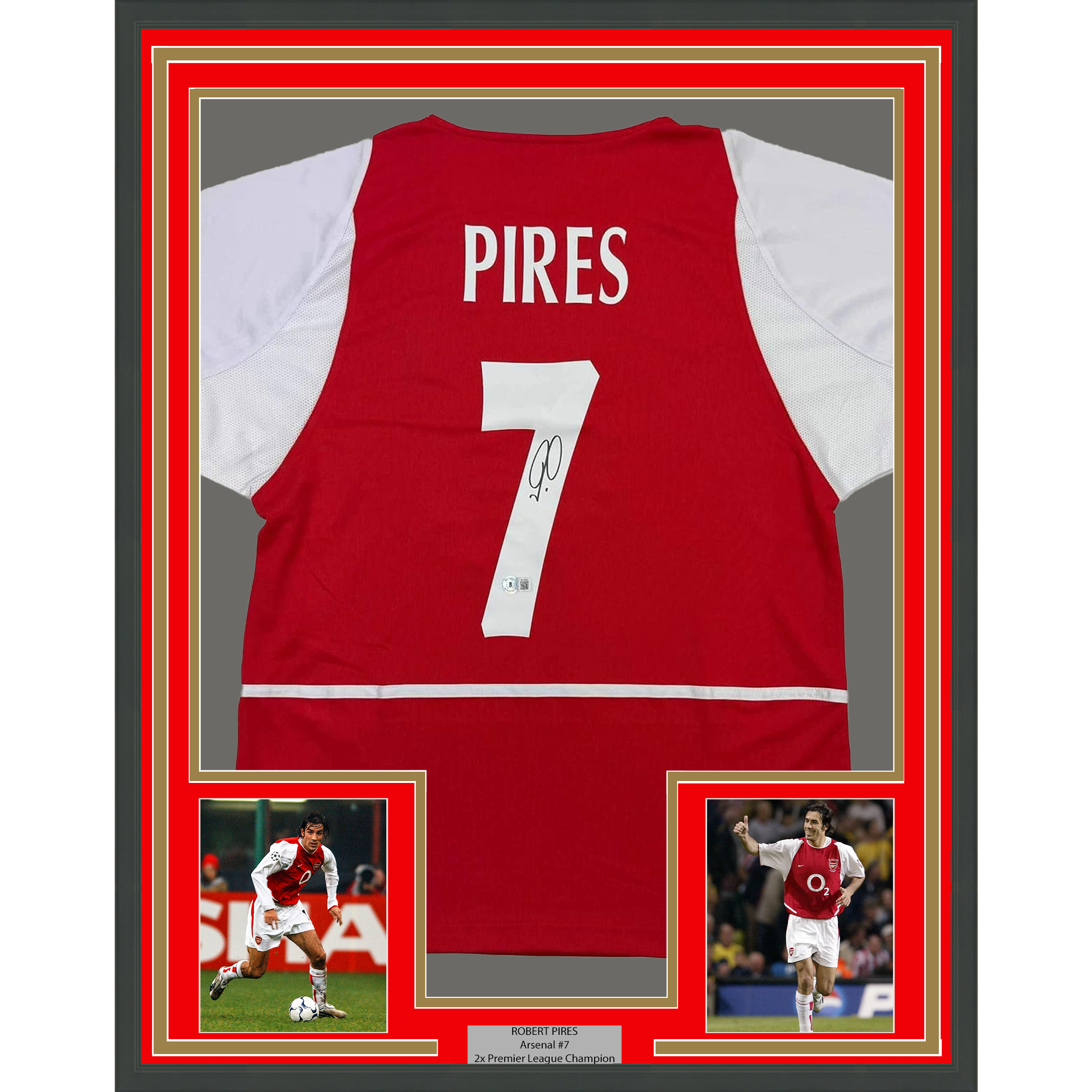 Framed Autographed/Signed Robert Pires 35x39 Arsenal Red Soccer Jersey Beckett BAS COA