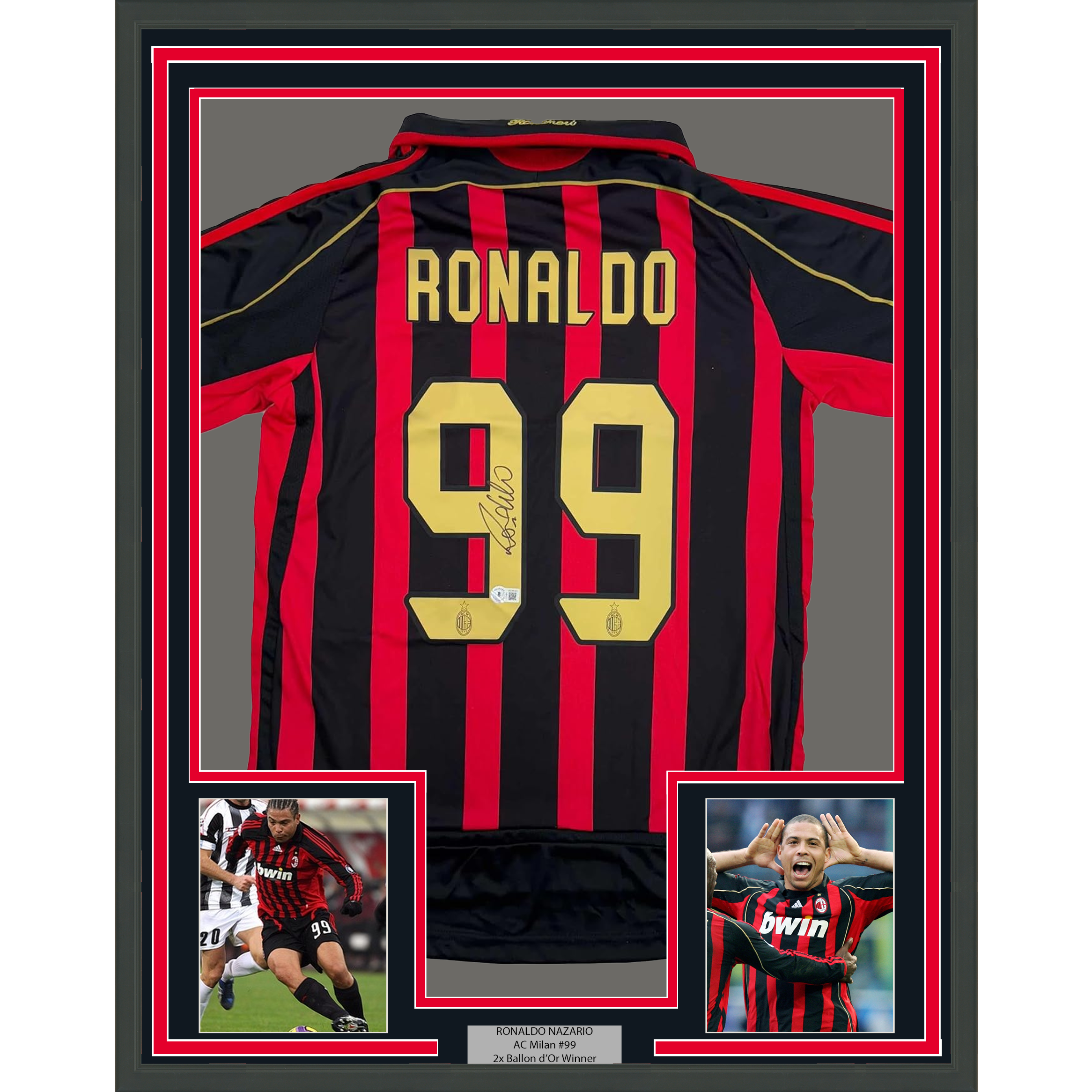 Framed Autographed/Signed Ricardo Ronaldo Nazario 35x39 AC Milan Black/Red Soccer Futbol Jersey Beckett BAS COA