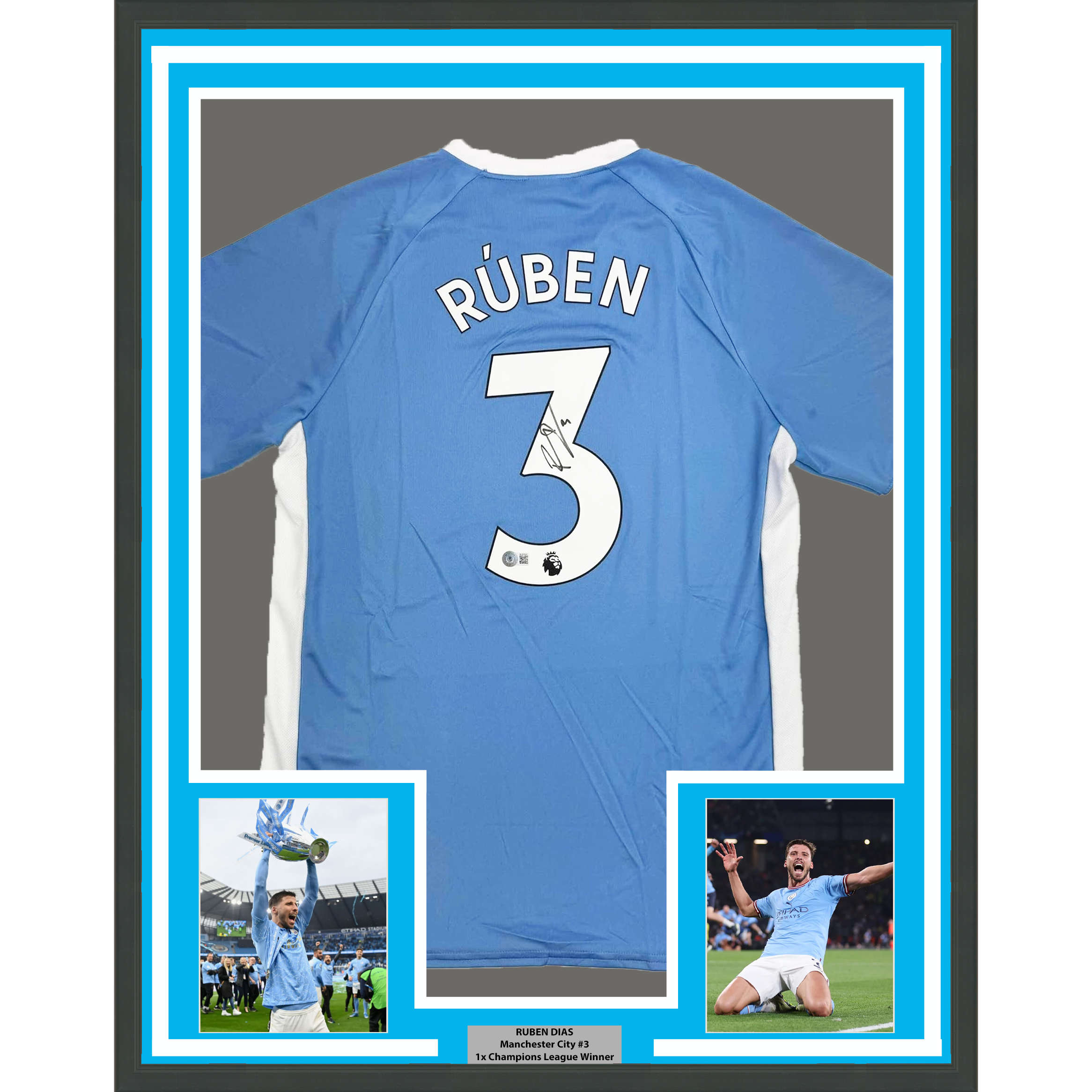 Framed Autographed/Signed Ruben Dias 35x39 Manchester City Blue Soccer Futbol Jersey Beckett BAS COA #2
