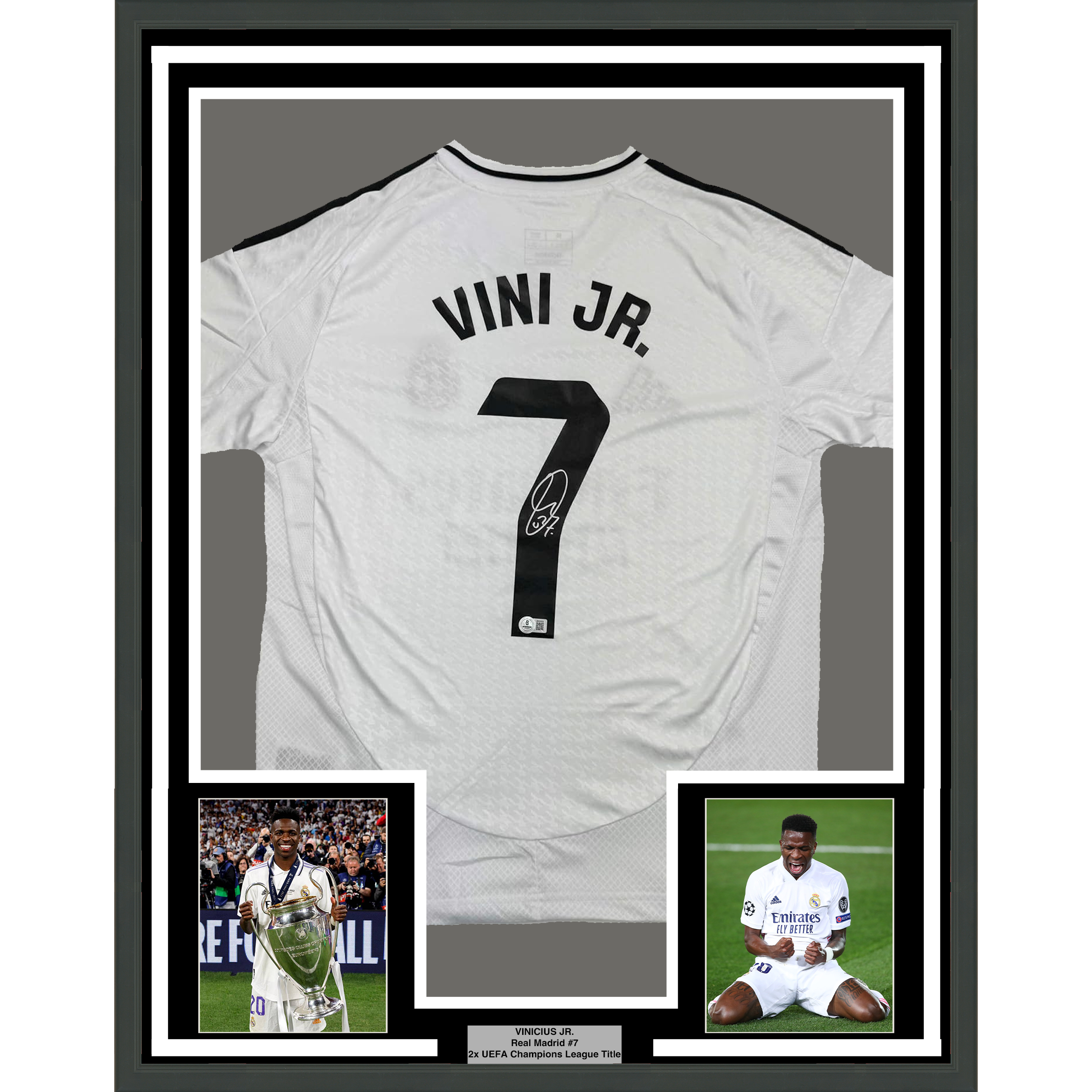 Framed Autographed/Signed Vini Vinicius Jr. #7 35x39 Real Madrid White Soccer Jersey Beckett BAS COA