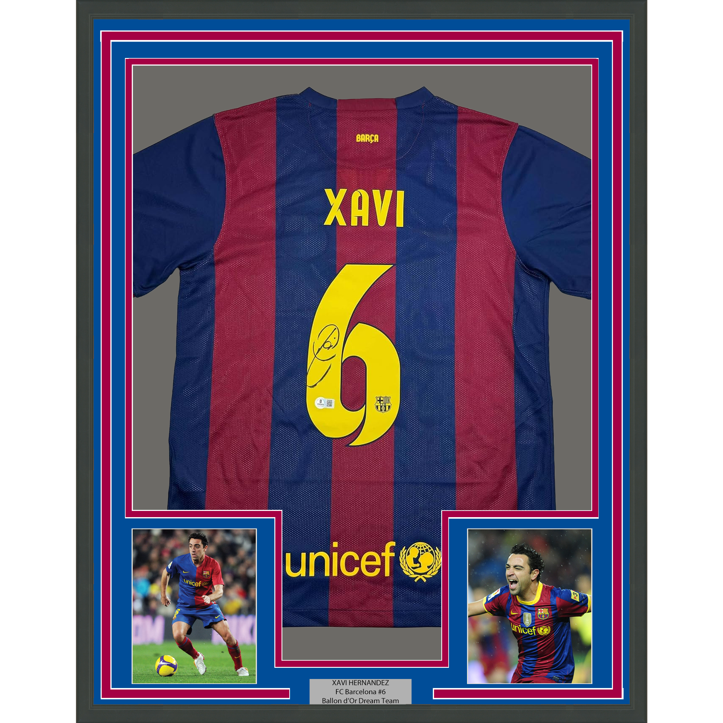 Framed Autographed/Signed Xavi 35x39 FC Barcelona Blue Soccer Jersey Beckett BAS COA