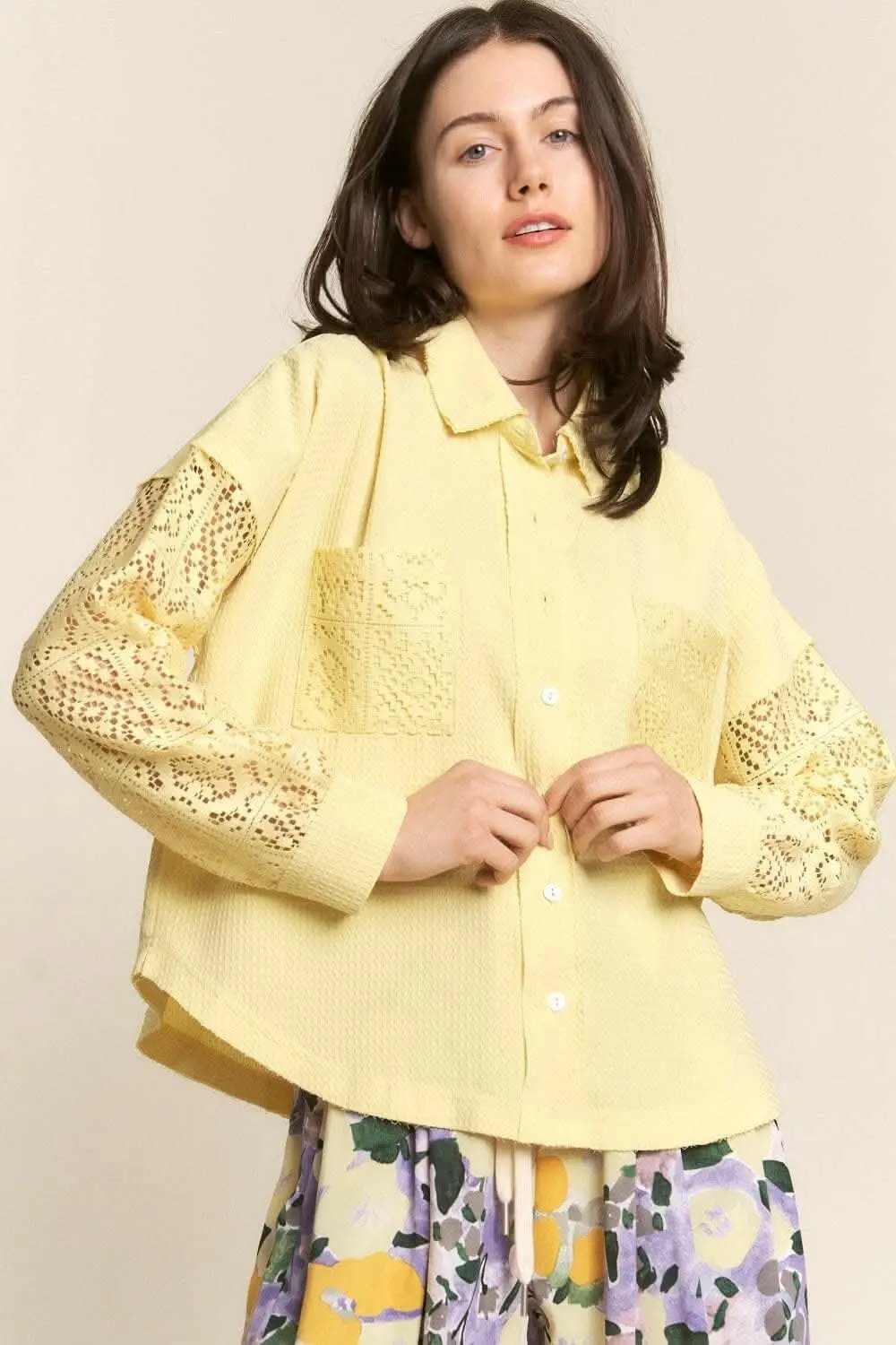 Trendsi Lace Waffle Shirt Women&amp;#39;s Casual Button Down Long Sleeve Top - Soft