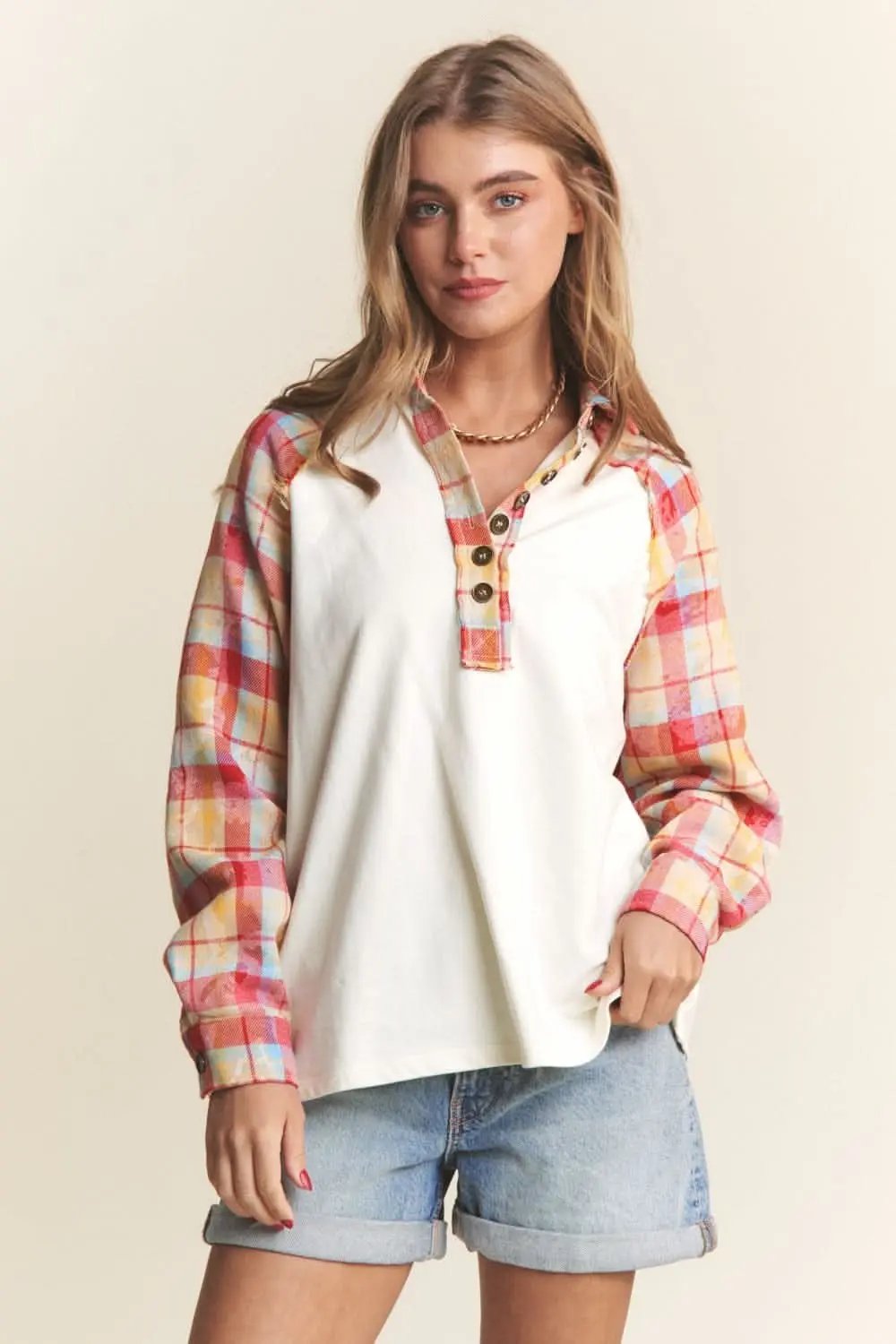 Trendsi Plaid Henley Top Women&amp;#39;s Casual Button Down Shirt USA Shipped!